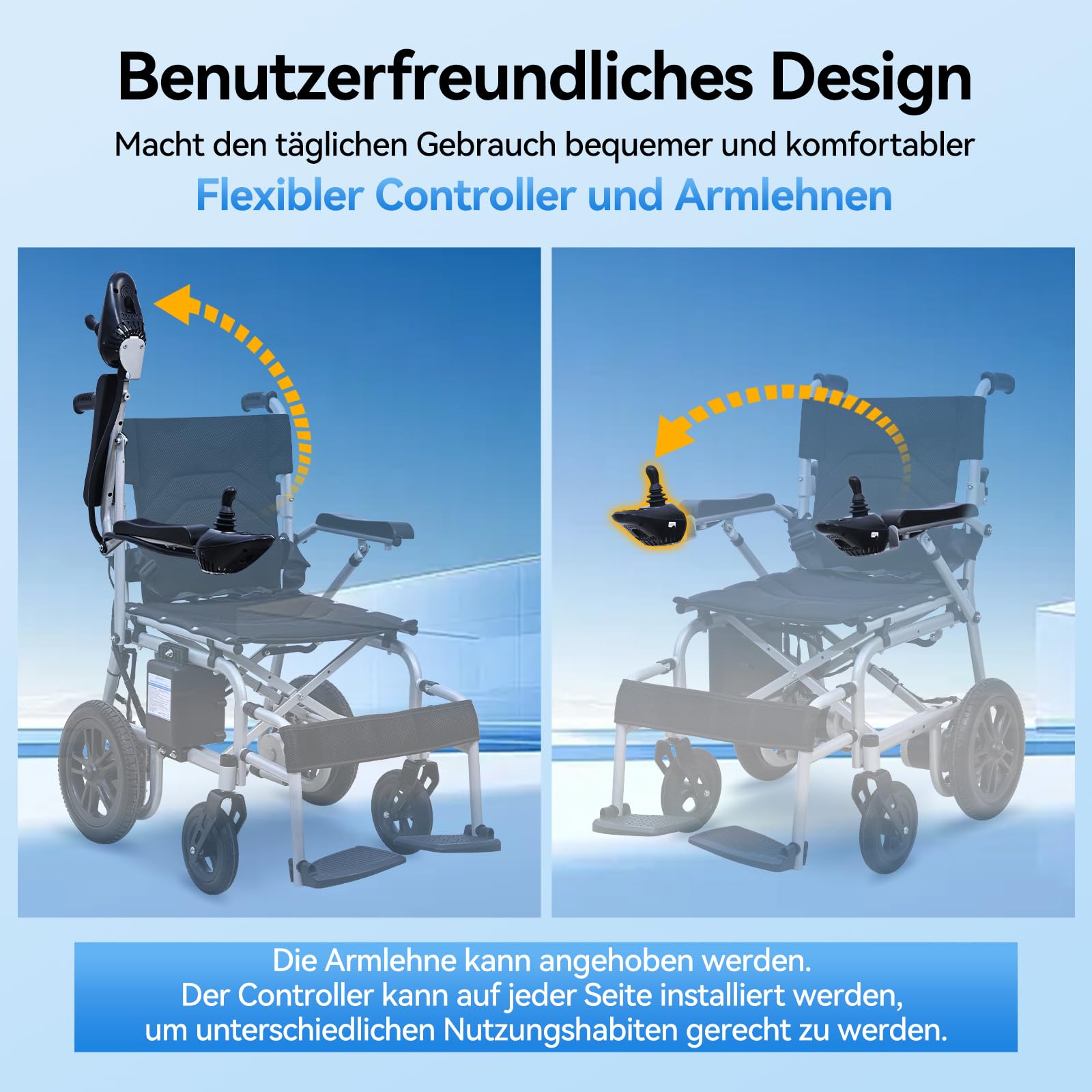 Elektrischer Rollstuhl mit langer Reichweite bis 20 km, stabil & bis 150 kg belastbar, faltbar für Transport, Anti-Kipp-System & Sicherheitsbremsen, für Alltag und Outdoor