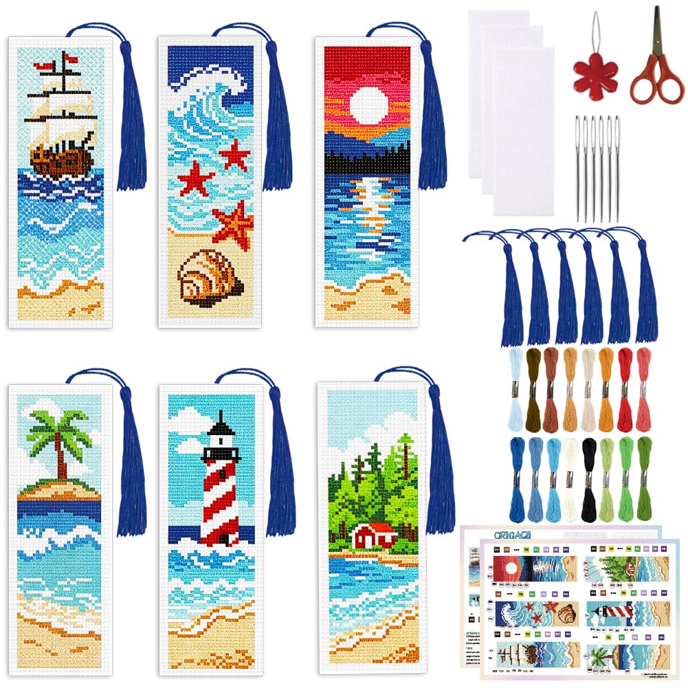 ORIGACH 6 Set Coastal Beach Vacation Cross Stitch Bookmark Kit for Beginner