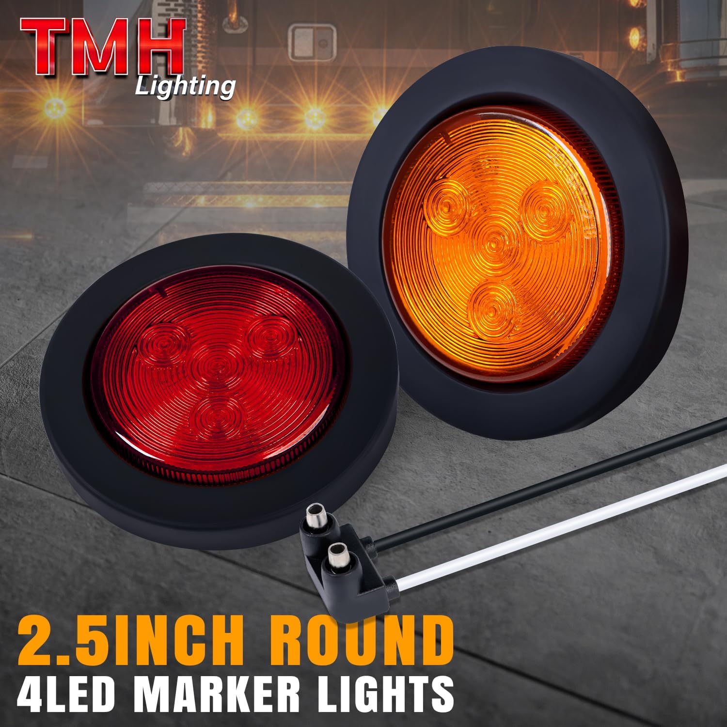 TMH 10 Pcs (5 Amber + 5 Red) 2.5 Inch Round Side Marker Light 4LED Grommet Flush Mount with Plug Clearance Lights Sealed 2.5” Reflex Lens for Truck RV Trailer Bus Camper 12V DC