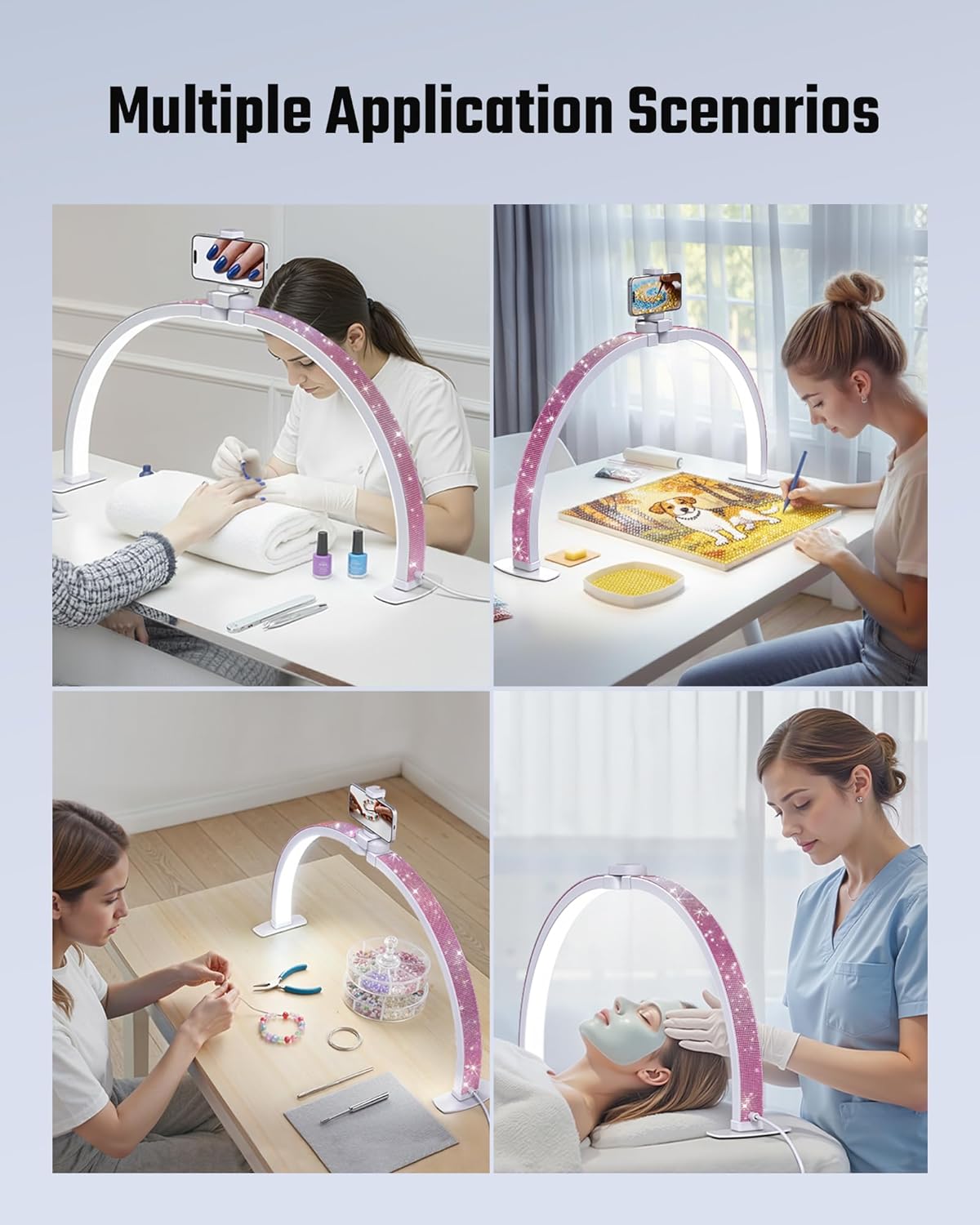 Half Moon Light for Nail Desk, Foldable Arch Nail lamp for Desk with Rhinestones,CRI≥90 LED with Phone Holder, Shadowless Table Lamp Perfect for Manicure Handicraft Lighting,Pink