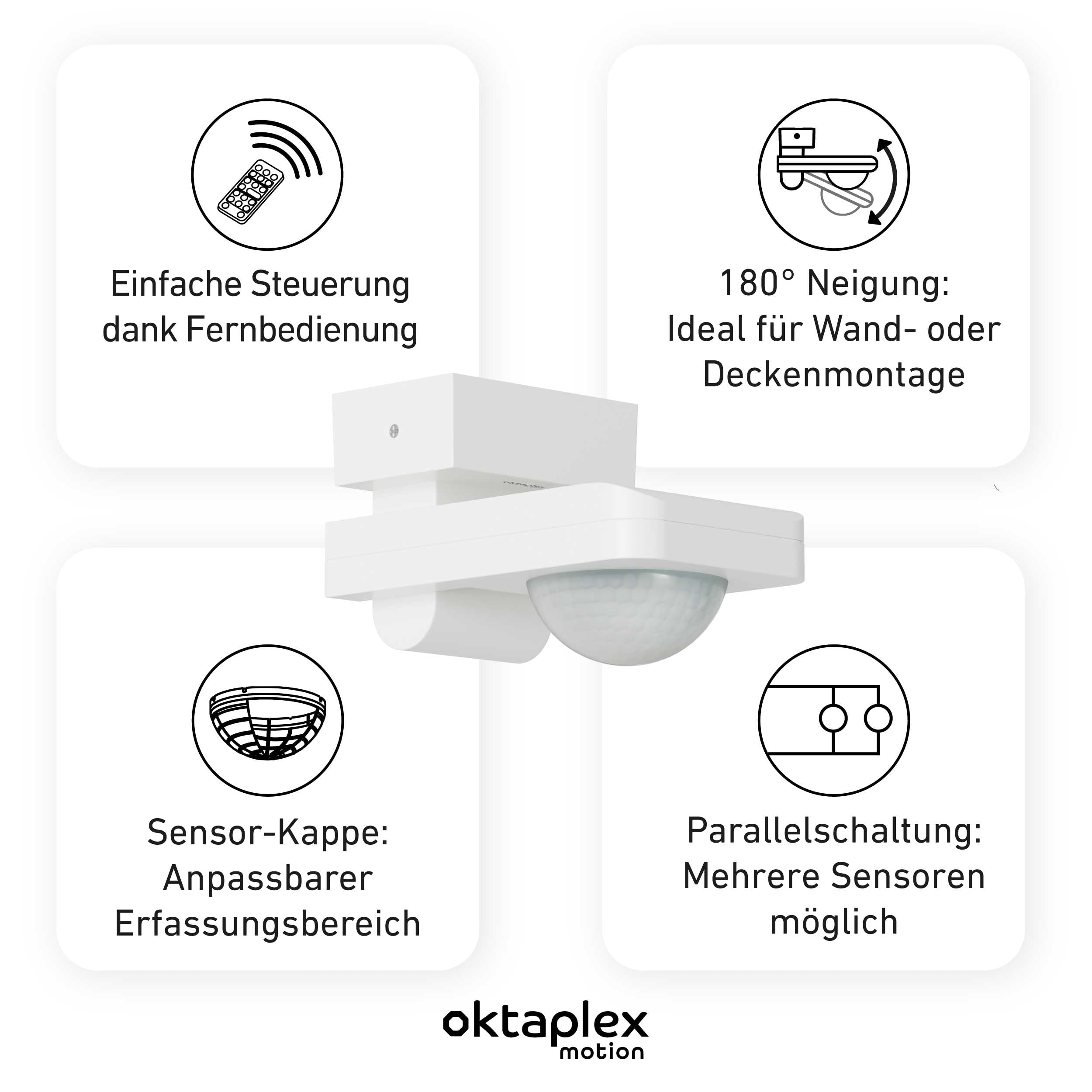 Oktaplex 2er Set Tea Bewegungsmelder schwenkbar Außen Weiss | 360 Grad 9m inkl. Fernbedienung Bewegungssensor IP65 230V Bewegungssensor