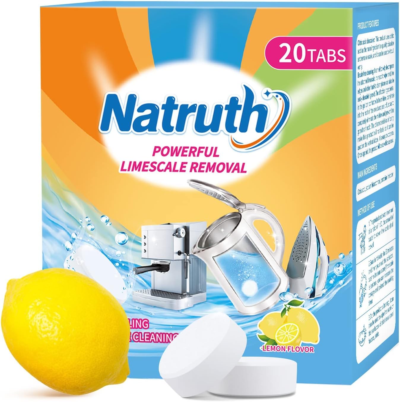 NATRUTH 20 Packs Powerful Limescale Removal,Efficient Water Bottle Cleaning Tablets,Odor-Free KETTLE & Coffee Cup Cleaner Tablets,Descaler for Coffee Machine,Natural Stainless Steel Cup Cleaners