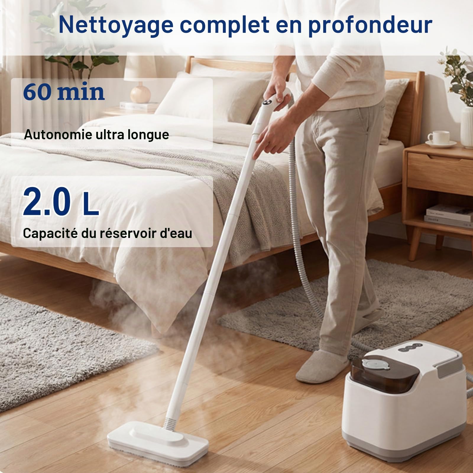 Nettoyeur vapeur 1500 W, nettoyeur vapeur haute pression, chauffage rapide 10S, balai vapeur avec réservoir de 2 L, pression de vapeur max. 4 bars, nettoyeur de sol avec 12 accessoires et roulettes