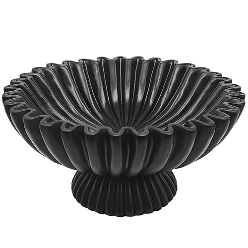 OGANGART Decorative Fluted Pedestal Bowl, Black Speckled Resin Stone Centerpiece Tray for Coffee Table, Home Decor - Unique Bowls for Fruit, Key, Purse