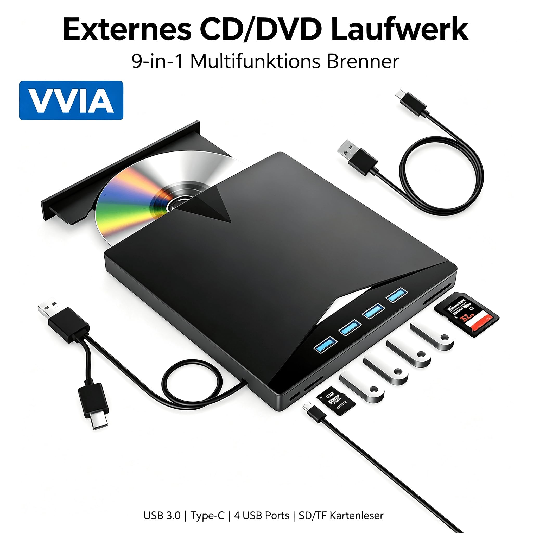 vvia Zewnętrzny napęd CD/DVD, USB 3.0 i palnik typu C