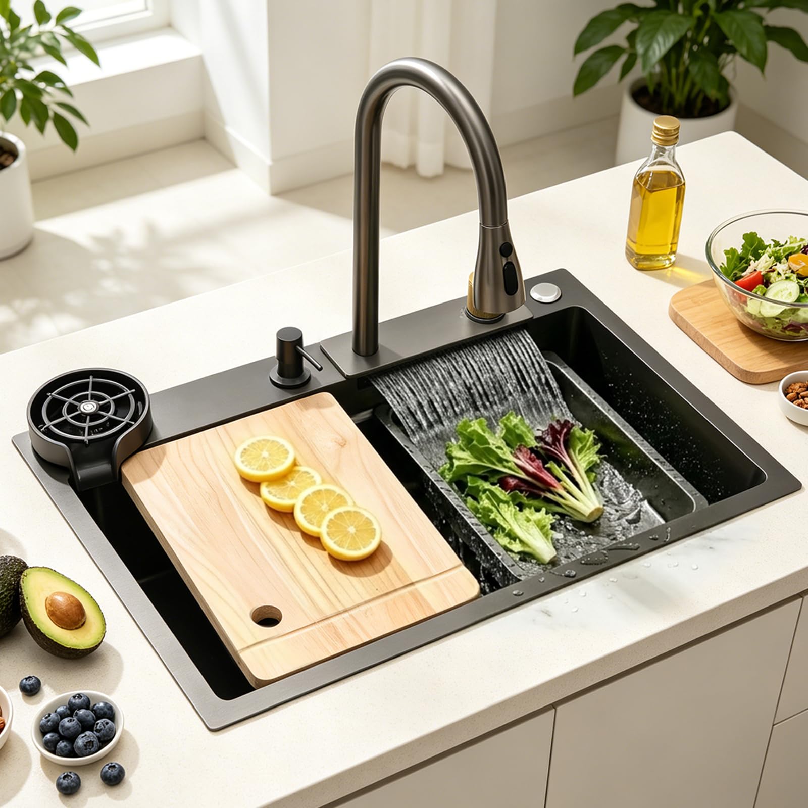 ZQFHSX Kitchen Sink Black with Waterfall, Stainless Steel Single Bowl LED Waterfall Tap for Workplace, Mobile Cutting Board and Drain Set Sink, Modern Multifunctional(Black#01A,75x45cm)