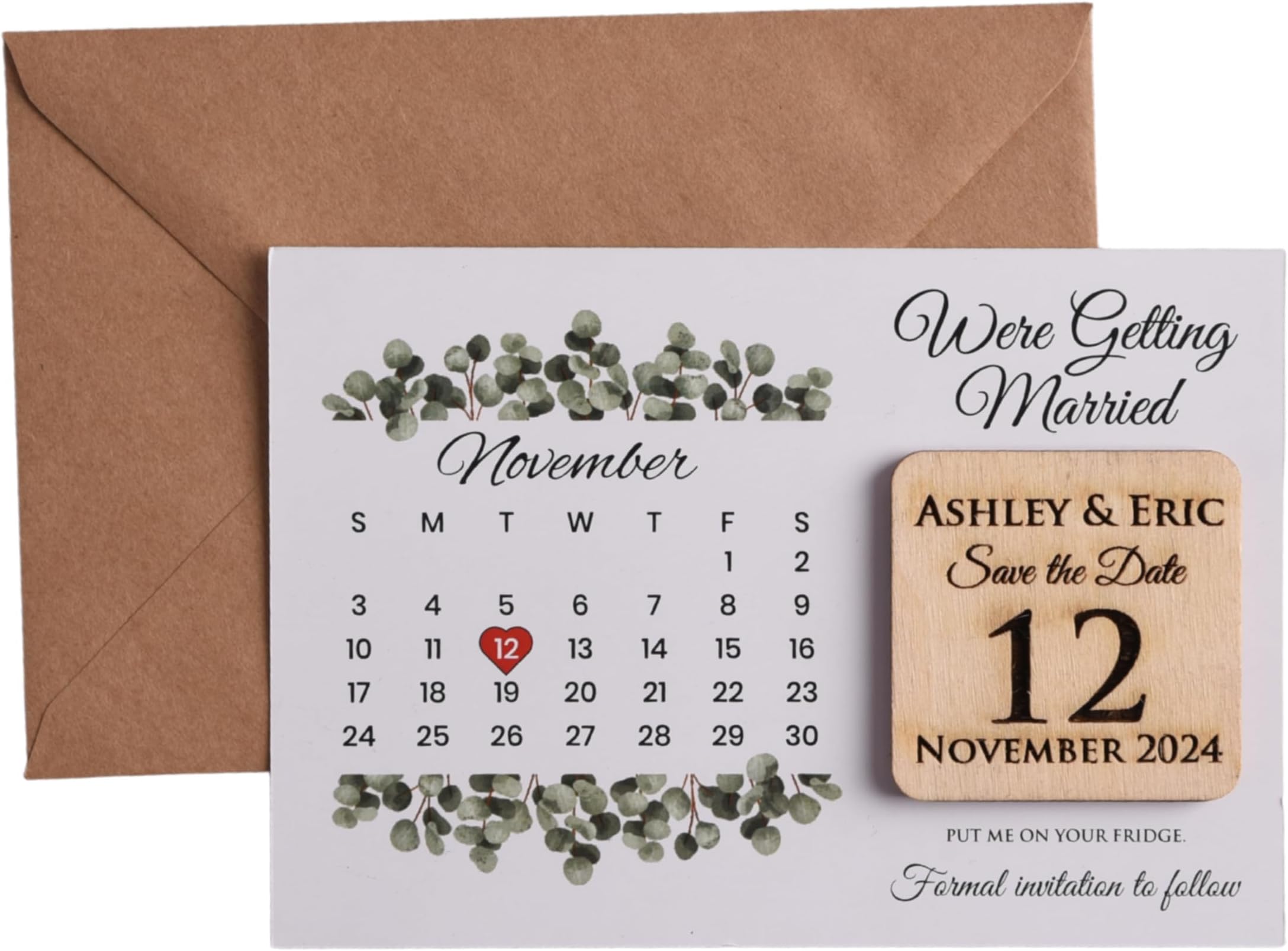Customizable Calendar Save the Date Card & Wooden Magnet, Personalized Wooden Magnet Wedding Favors, Together with Kraft Envelopes and Clear Labels, Easy Personalization, 5 Different Color Options