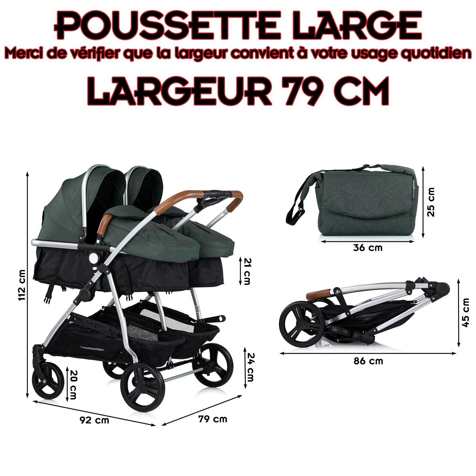 DUO SMART - Cochecito gemelos o niños juntos, ancho 79 cm, color verde sin acogedor