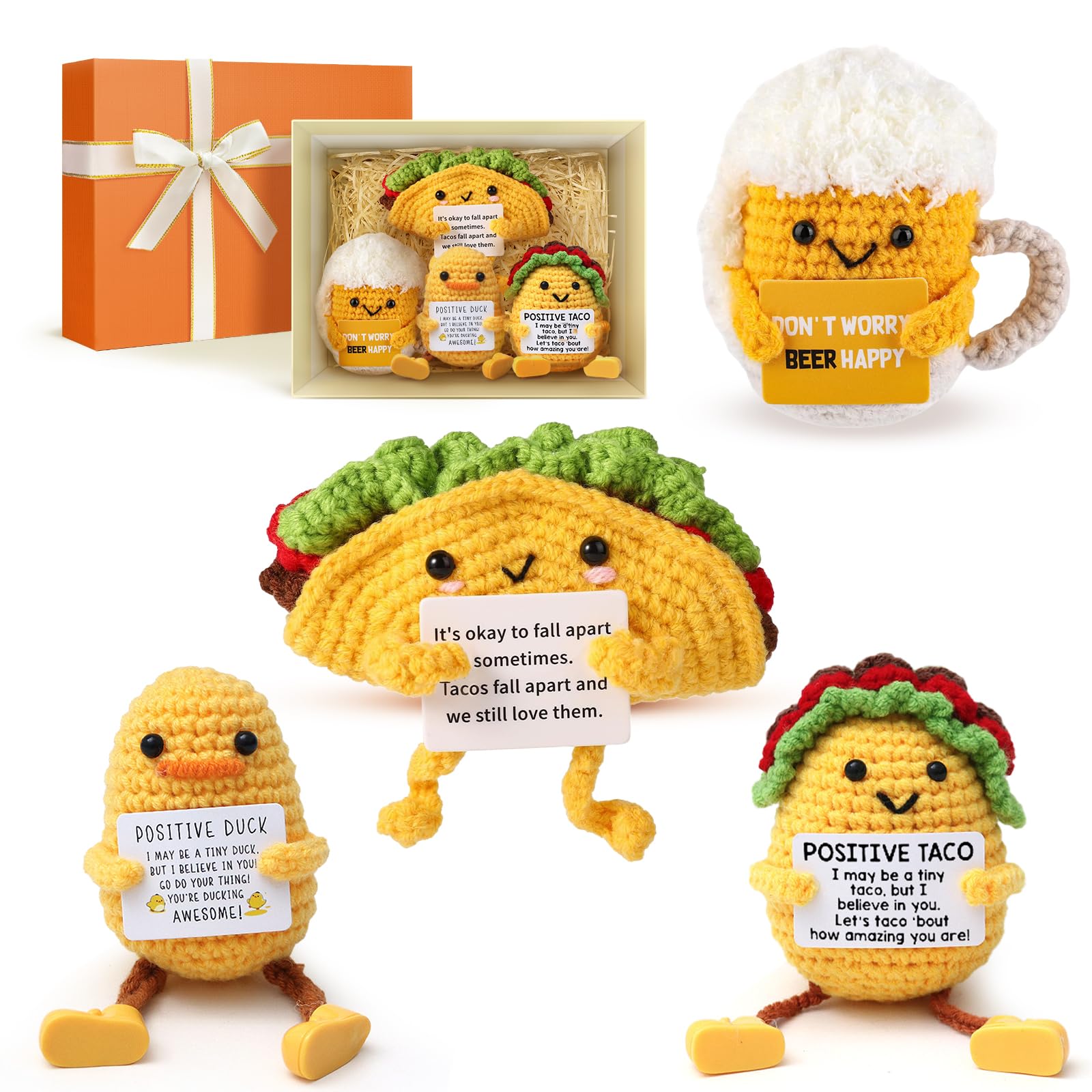 4Pcs Handmade Emotional Support Crochet Foodie Set: Yellow Taco & Beer Mug in Gift Box, Positive Knitted Dolls for Women Men,Motivational Cute Plush Toy for Girls Friends, Home Desk Decor