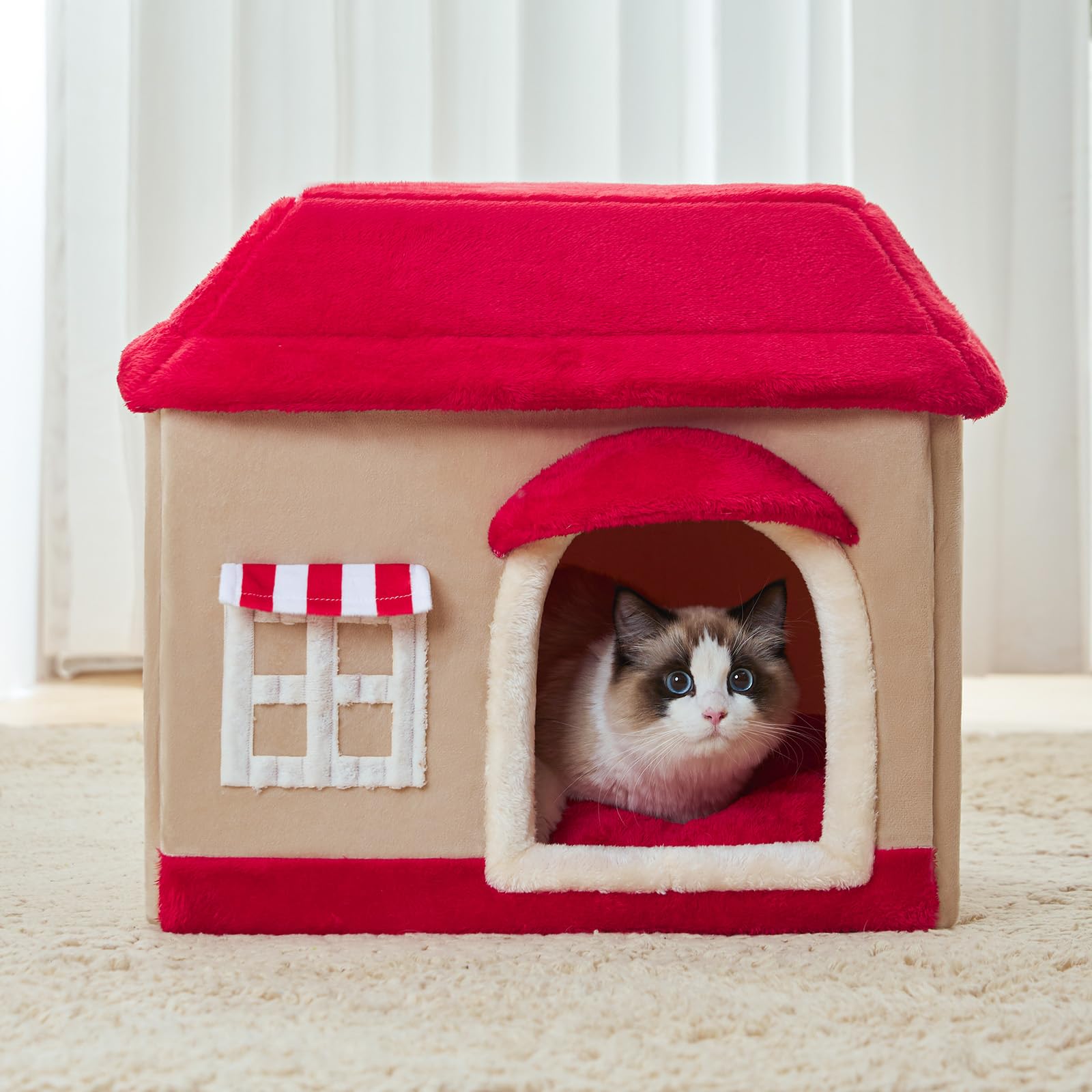 Jiupety Cute Cat House for Cat, Foldable Cat Houses for Indoor Cats, Enclosed Cat Bed Cave, M Size Pet House for 3-15 lbs Cat, Removable Cushion and Non-Slip Bottom