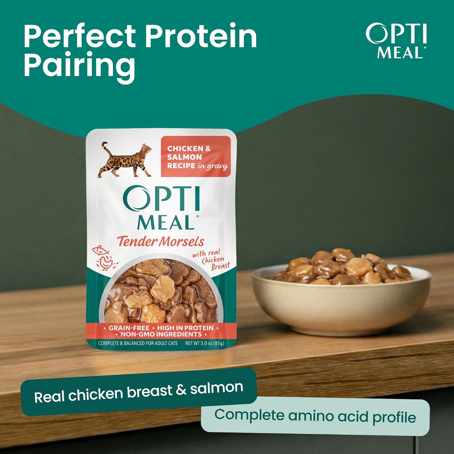 Optimeal Wet Cat Food Grain Free - Chicken & Salmon Tender Morsels, High Protein Premium Nutrition Made with Natural European Ingredients, Adult Cat Pouches 3oz (Pack of 12)