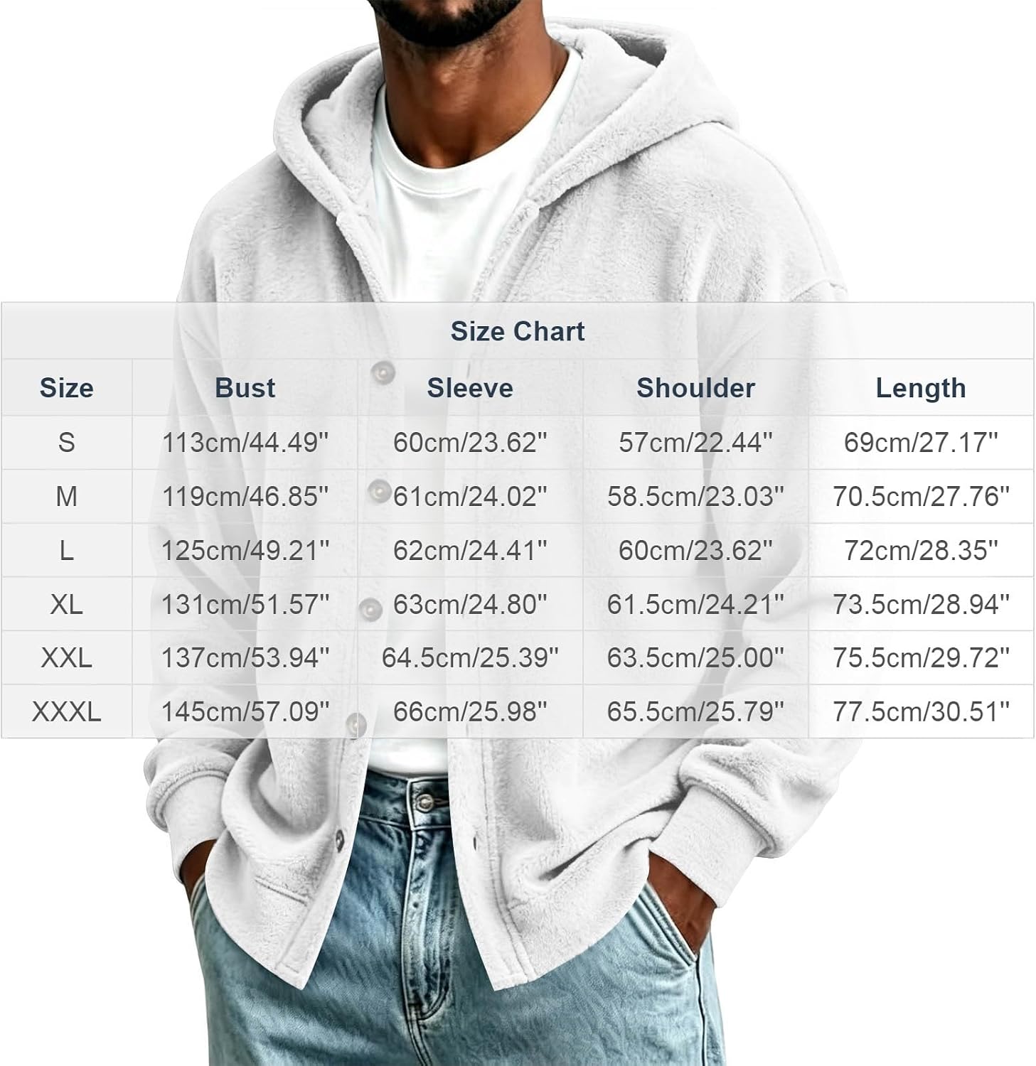 Mens Hooded Button Down Cardigan Long Sleeve Fuzzy Hoodie