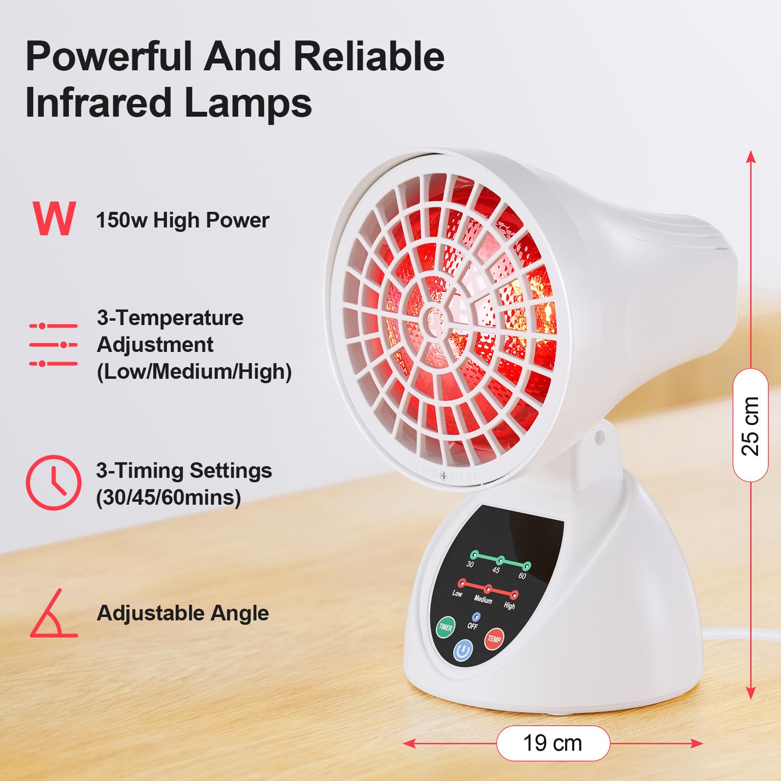 Lampada Infrarossi Riscaldante 150W, Luce Rossa Domestica con Timer, Temperatura e Angolazione Regolabili (Bianco)