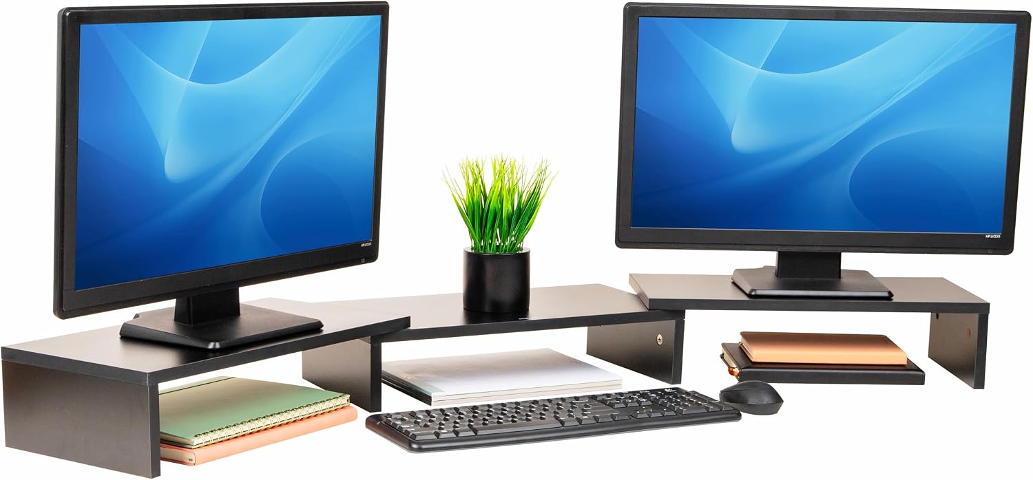 Mind Reader Dual Monitor Stand, Desktop Organizer, Laptop Riser, Office, MDF, 51.25″L x 9.25″W x 4.75″H, Black