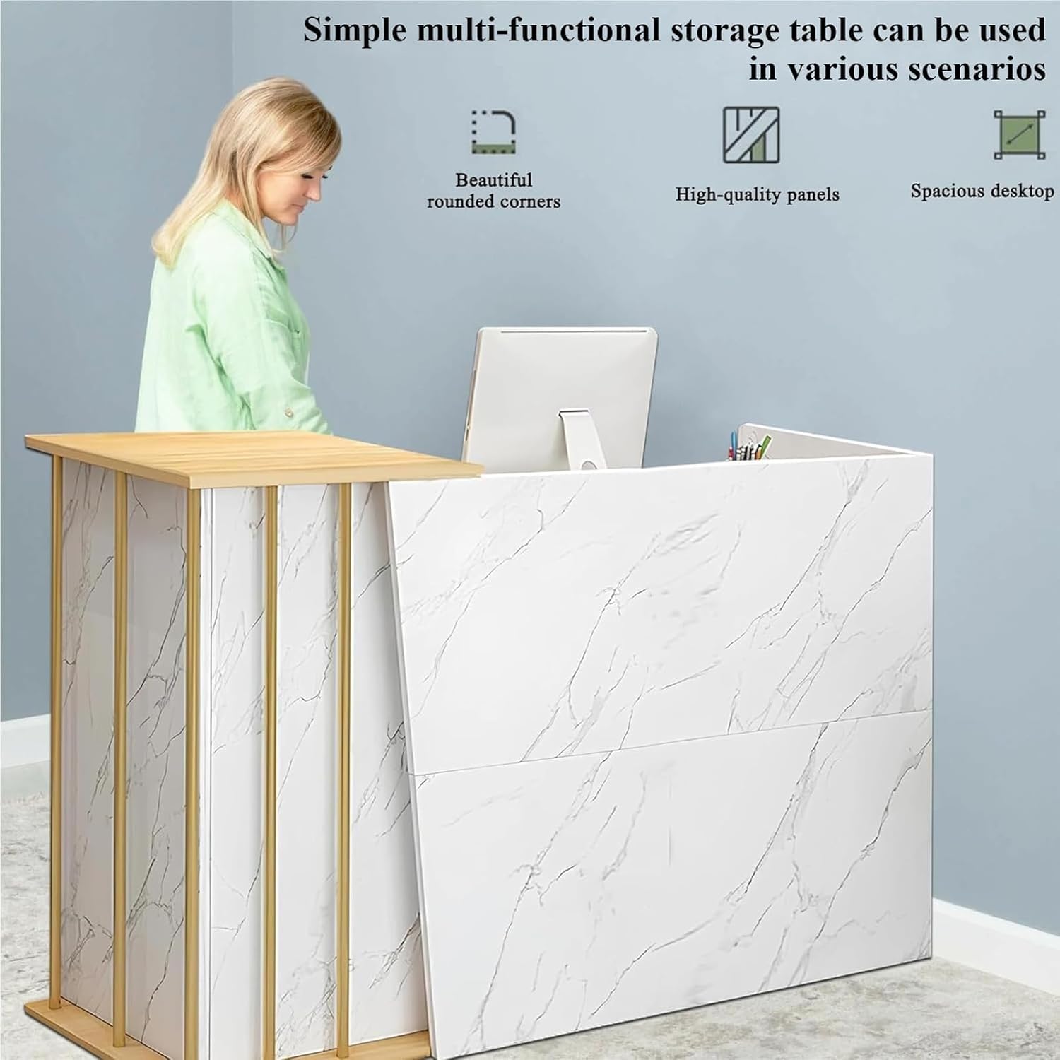 Bancone Reception Negozio, Bancone Reception Centro Estetico con Cassetti, Hotel,Bancone Reception Moderno per Supermercato Hotel Lobby Reception(Marble color,140x40x90cm)