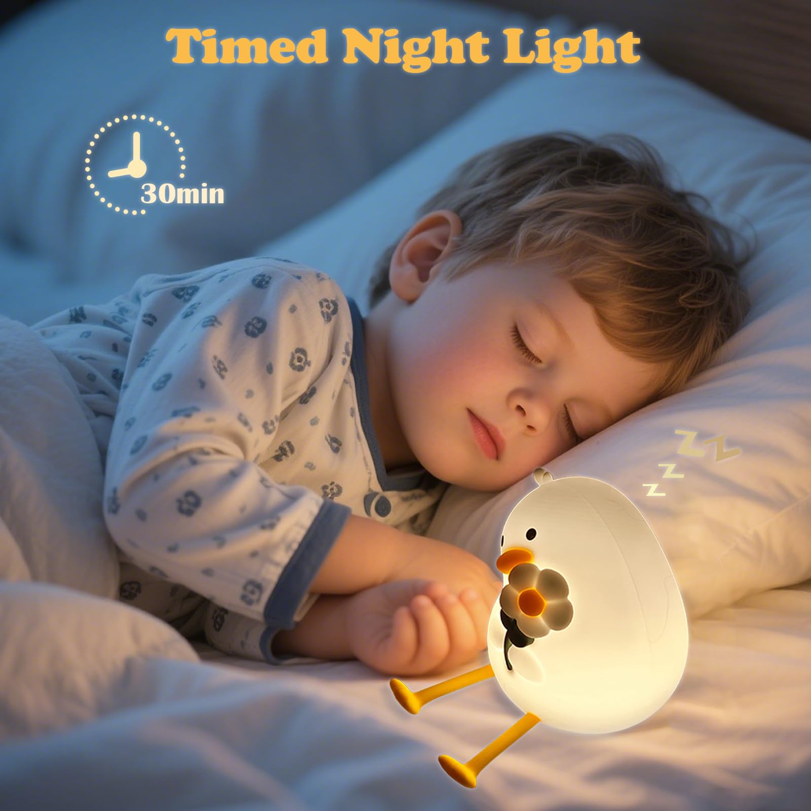 Luz nocturna para niños, bonita luz nocturna de silicona de pato con temporizador, luz de guardería recargable, luces nocturnas LED esponjosas, lámpara de noche segura, lámpara de noche regulable para