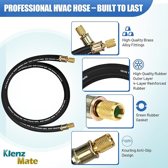 Upgrade 1/2 HVAC Vacuum Hose, 3/8 to 3/8 Fittings, 5 FT, High-Flow Refrigerant Hose, Faster HVAC Evacuation and Recovery, 20 Microns Vacuum, 600 PSI Working Pressure, Black
