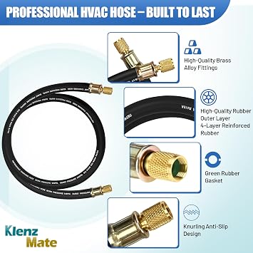Upgrade 1/2 HVAC Vacuum Hose, 3/8 to 3/8 Fittings, 5 FT, High-Flow Refrigerant Hose, Faster HVAC Evacuation and Recovery, 20 Microns Vacuum, 600 PSI Working Pressure, Black