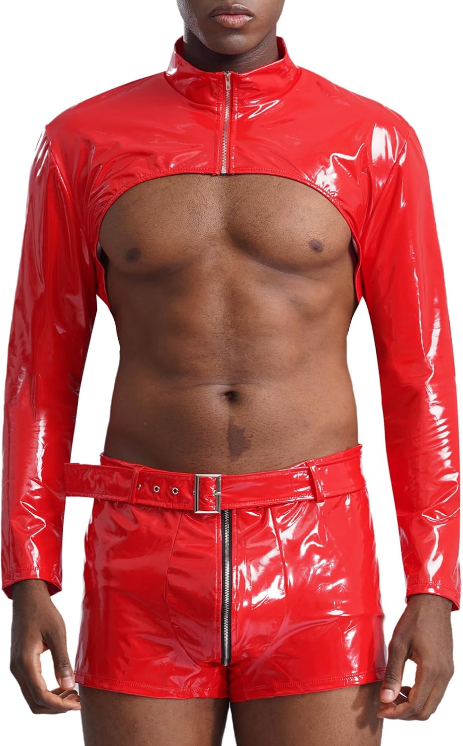Vxuxlje Men's Shiny Leather Club Outfits Wet Look Long Sleeve Crop Top with Booty Shorts Sets