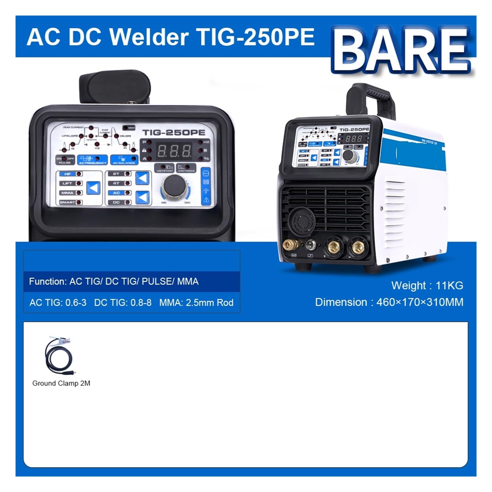Soldador de calentamiento rápido, Soldador TIG AC DC, máquina de soldadura TIG TIG-250PE, soldador de aluminio de pulso MMA, soldador de aluminio, soldadura por puntos, máquina de soldadura con Affich