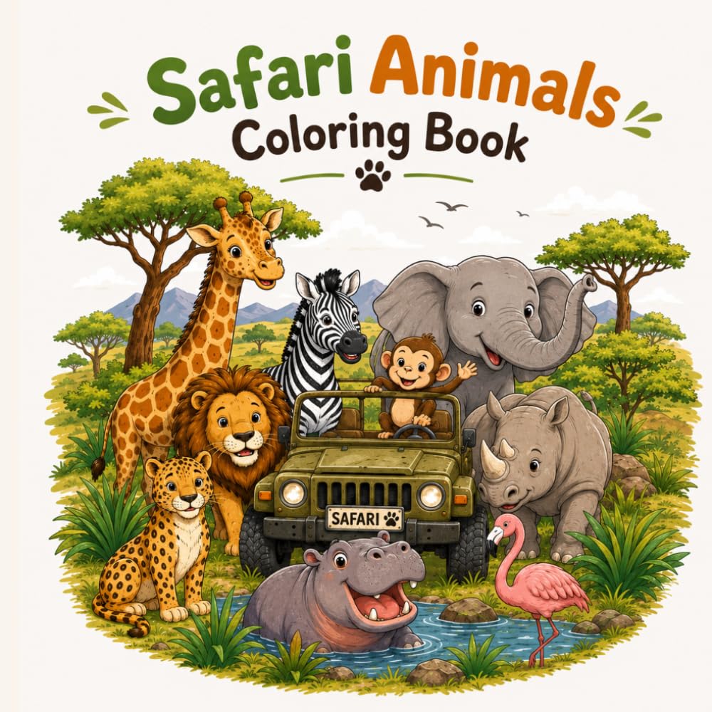Safari Animals Coloring Book: Cute Safari Animals Coloring Book for Kids Ages 3–8