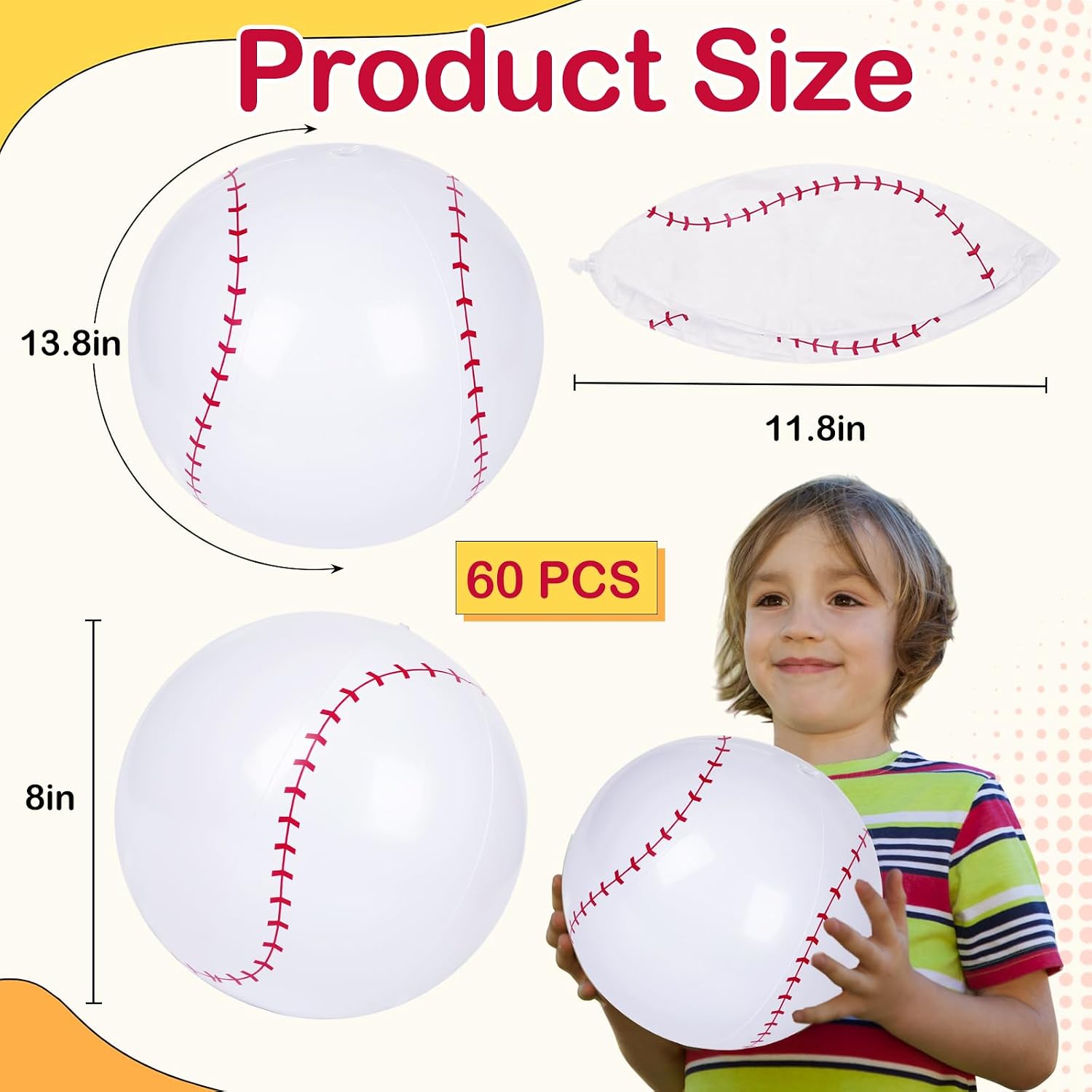 SAYAYA 60 Pieces Inflatable Baseball Beach Balls, 8 Inch PVC Blow Up Beach Ball Bulk for Summer Pool Float Party, Sports Themed Decorations, Beach Games, Birthday Party Favors, Easy to Inflate
