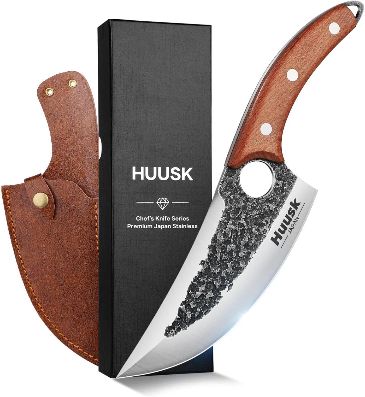 Huusk Knife Japan Kitchen Upgraded Viking Knives with Sheath, Hand Forged Butcher Knife for Meat Cutting, Japanese Cooking Chef Knives, Sharp Meat Cleaver for Outdoor Camping, BBQ, Gift for Men