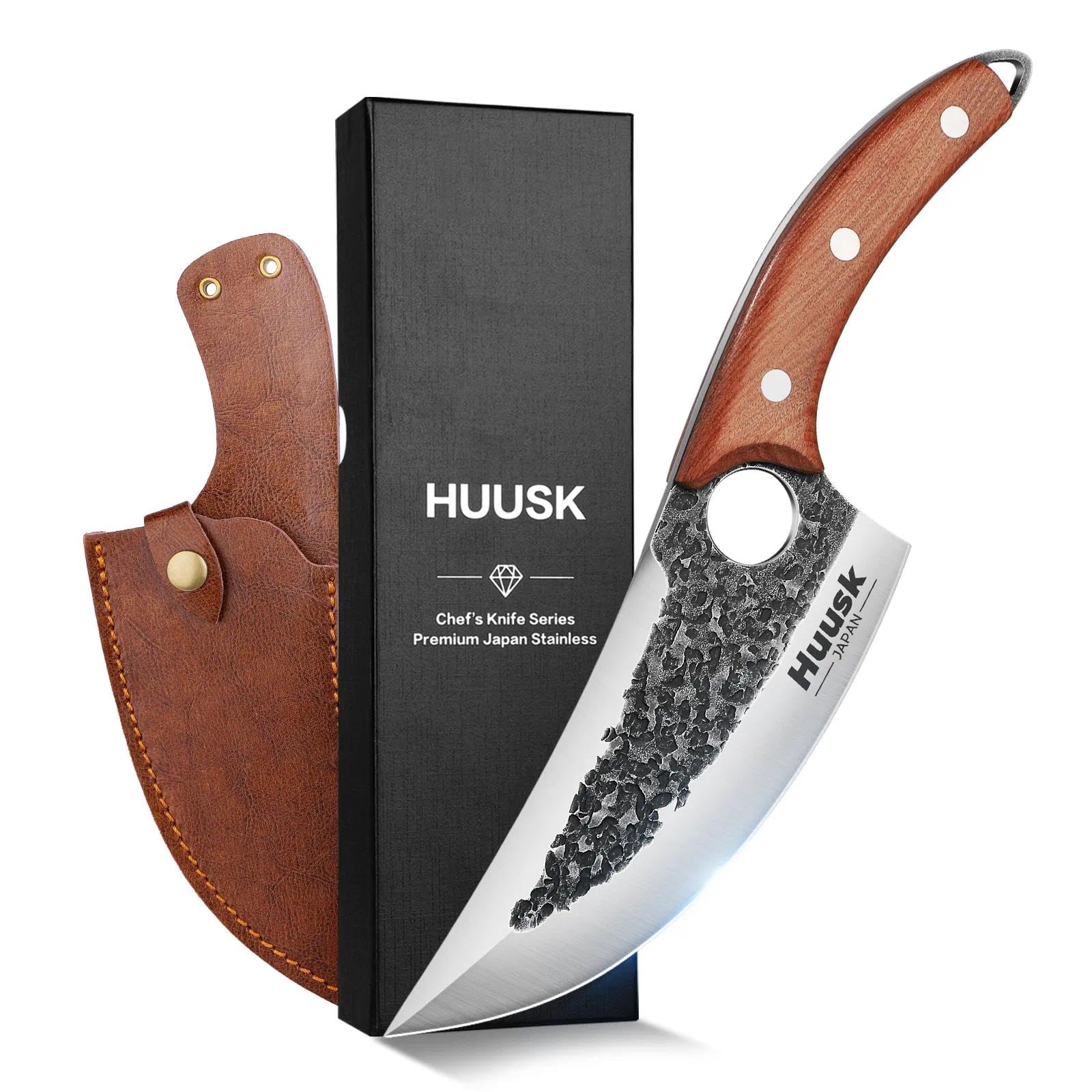 Huusk Knife Japan Kitchen Upgraded Viking Knives with Sheath Hand Forged Butcher Knife for Meat Cutting Japanese Cooking Chef Knives Sharp Meat Cleaver for Outdoor Camping, BBQ
