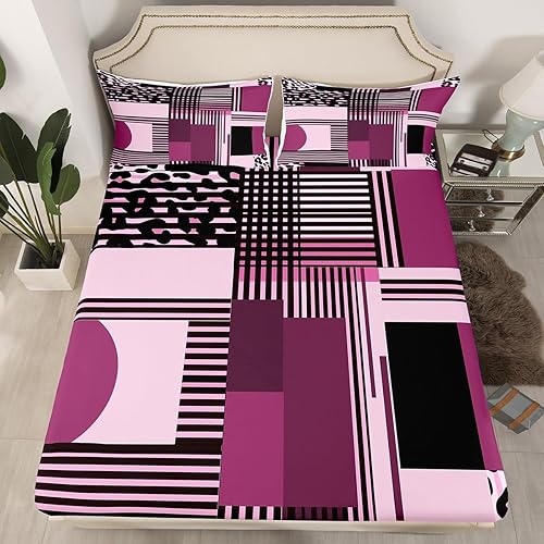 Miniatura 9 de Manfei Juego de sábanas geométricas tamaño matrimonial, juego de sábanas de 4 piezas con estampado de leopardo y rayas azul marino con sábana bajera