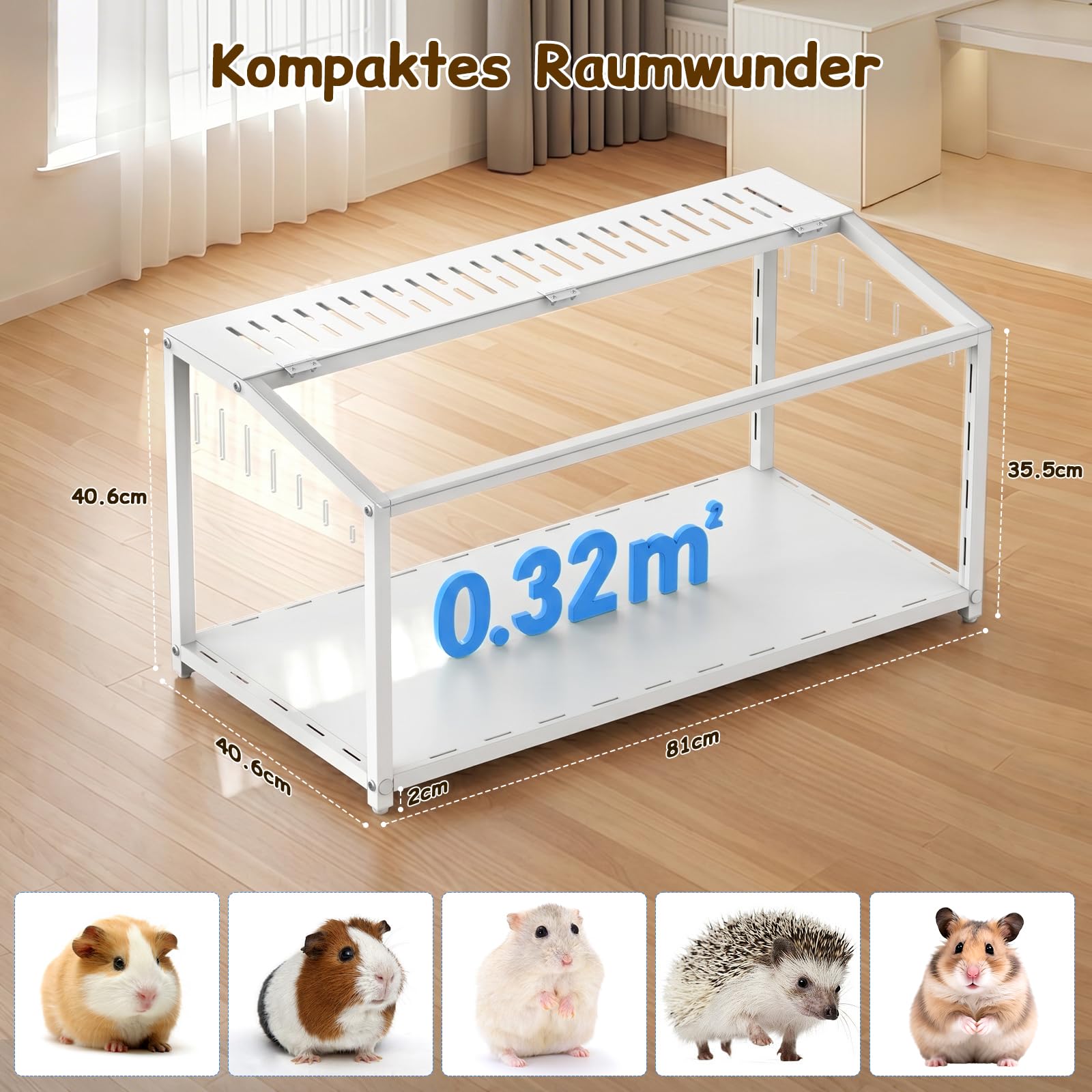 BORISI Hamsterkäfig Metall 81x40,6x40,6 cm, kausicher, Nagarium Weiß | Polycarbonat-Platten, kausicher & robust, obere Klapptür, gute Belüftung, leicht zu reinigen, für Zwerghamster