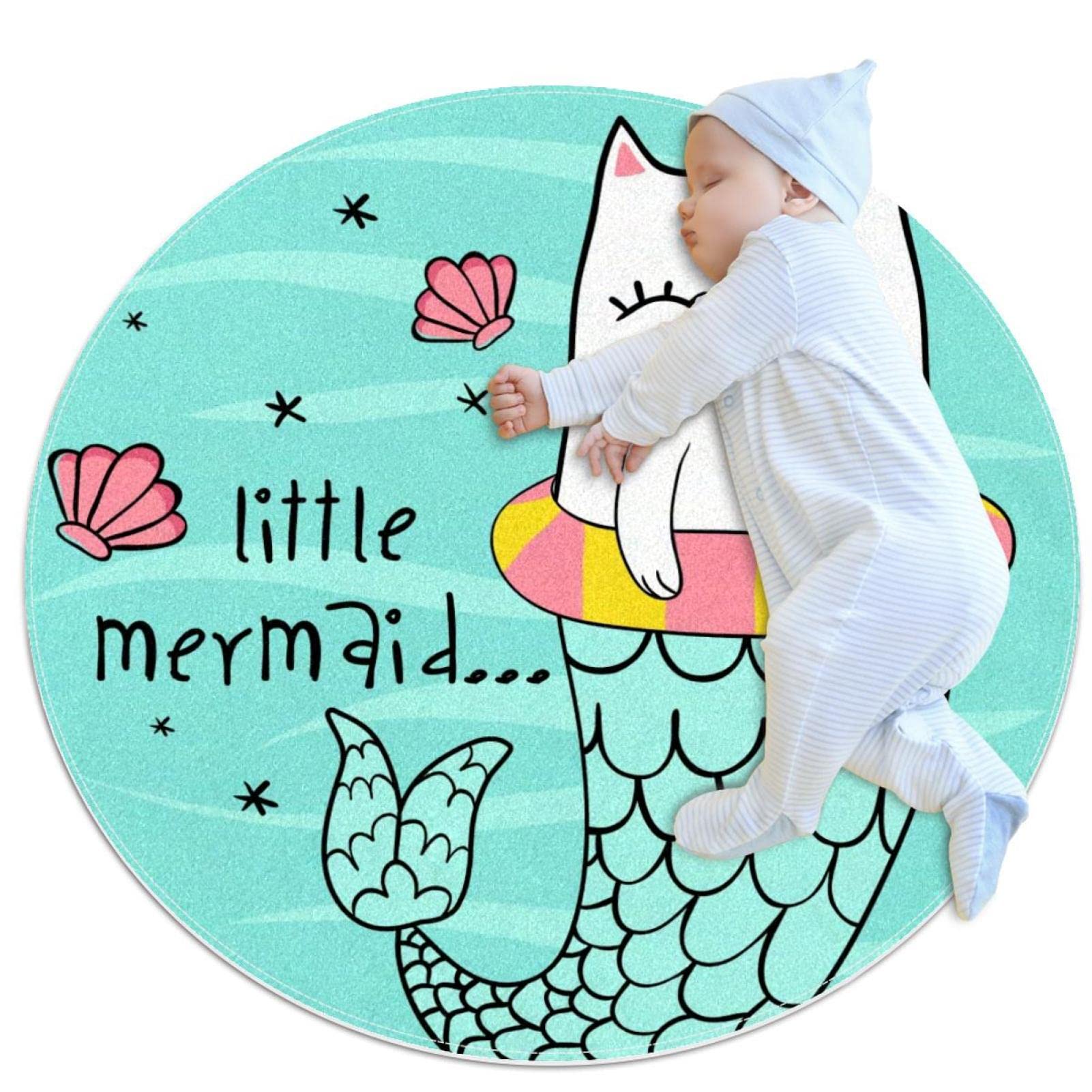 Tapis enfant rond 80x80cm chat sirène tapis de jeu chambre fille garçon