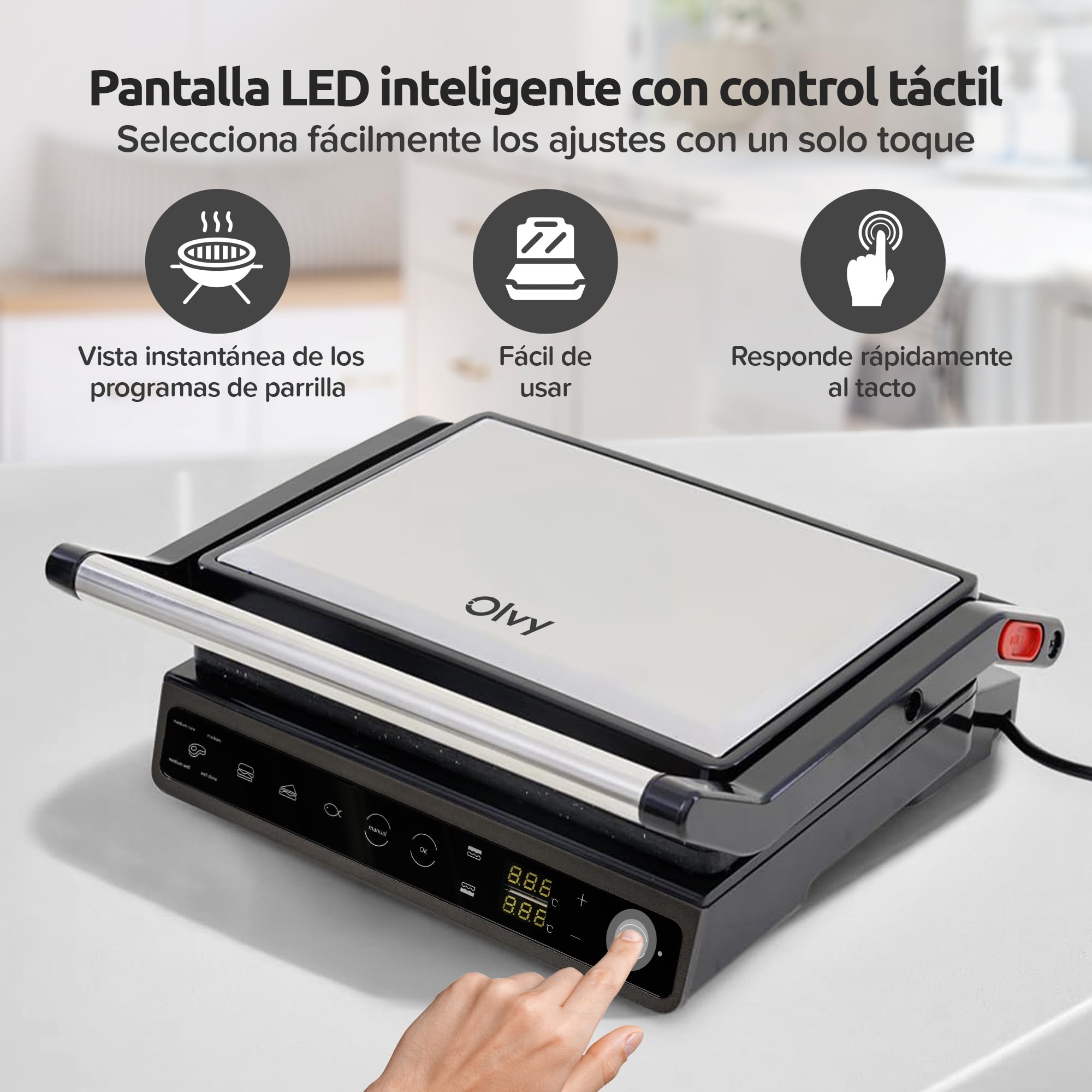 Olvy Parrilla de Contacto con Pantalla Táctil - Sin PFAS - 7 Programas Automáticos - Apertura 180° 1800W - Placas Antiadherentes - Termostato & Temporizador - Sandwichera & Grill para Paninis de Ace
