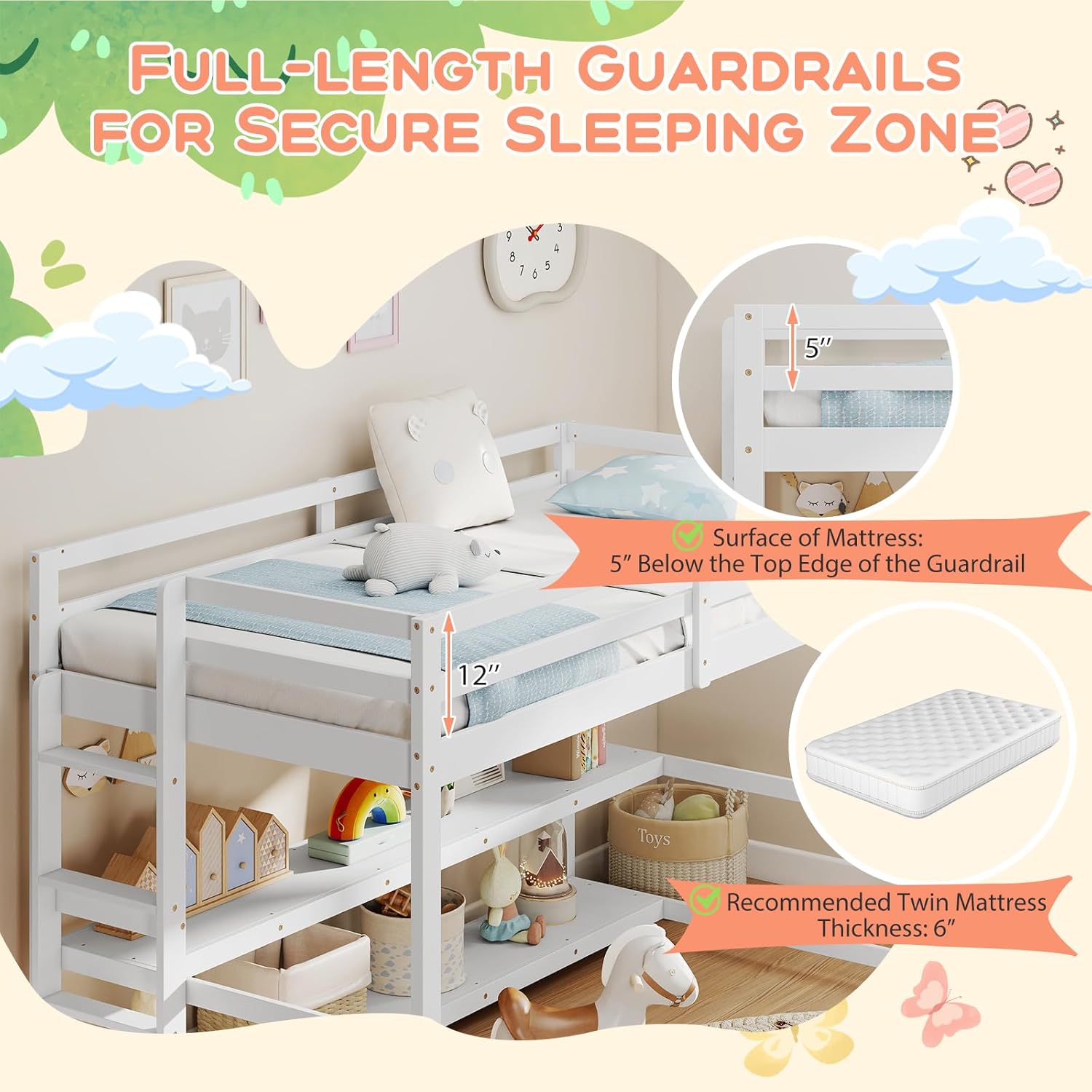 Close-up of the loft bed showing guardrail height relative to mattress