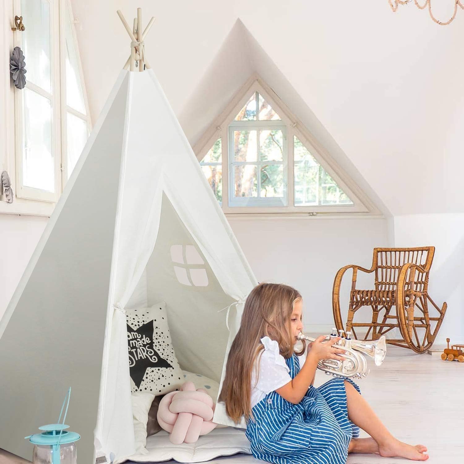 Kids Teepee Tent for Kids White Toddler Teepee Tent for Girls Boys Canvas Fabric Indoor Tent with Stabilizer Kids Play Teepee for Indoor & Outdoor Use