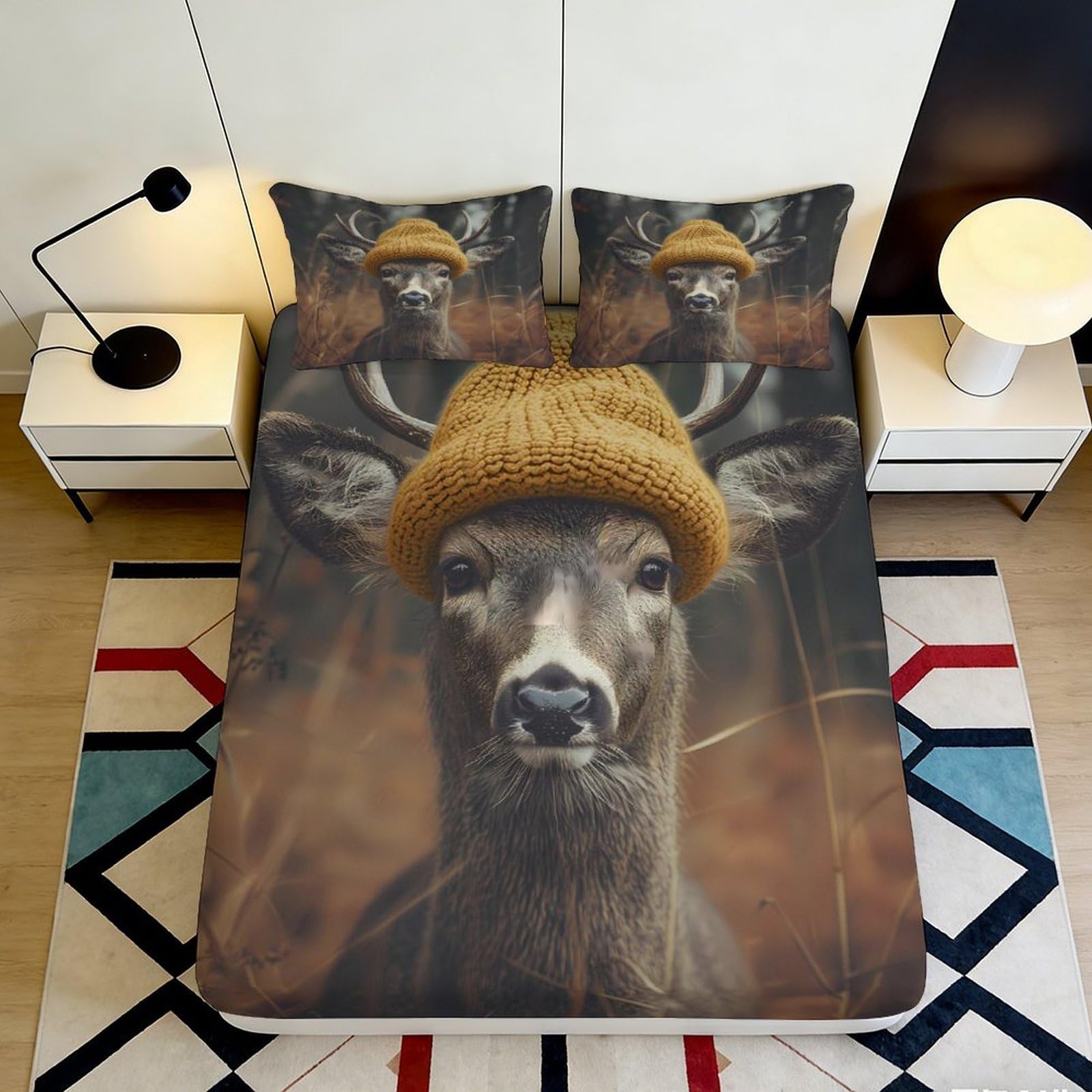 3D Printed Deer Fitted Sheet Microfiber Deep Pocket Bedroom Bedding Deer Mattress Fitted Cover Non-Slip Washable for Adults Teens 140x200x25cm