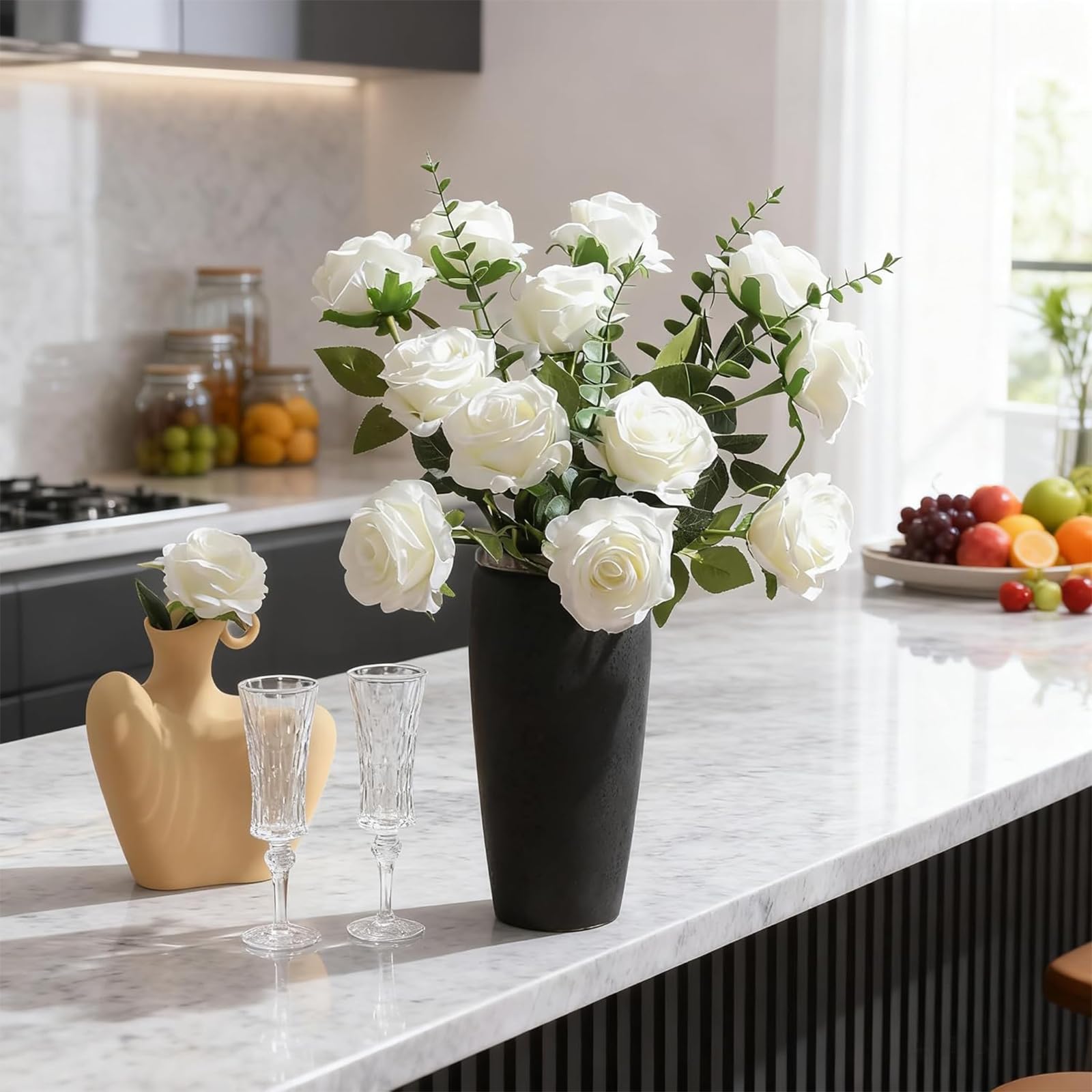 12 Pezzi Rose Artificiali, Rose Rosse Artificiali in Seta Bouquet Fiori Finti di Rosa con Steli Lunghi per San Valentino Composizioni di Nozze Casa Giardino Partito Decorazioni (Bianco)