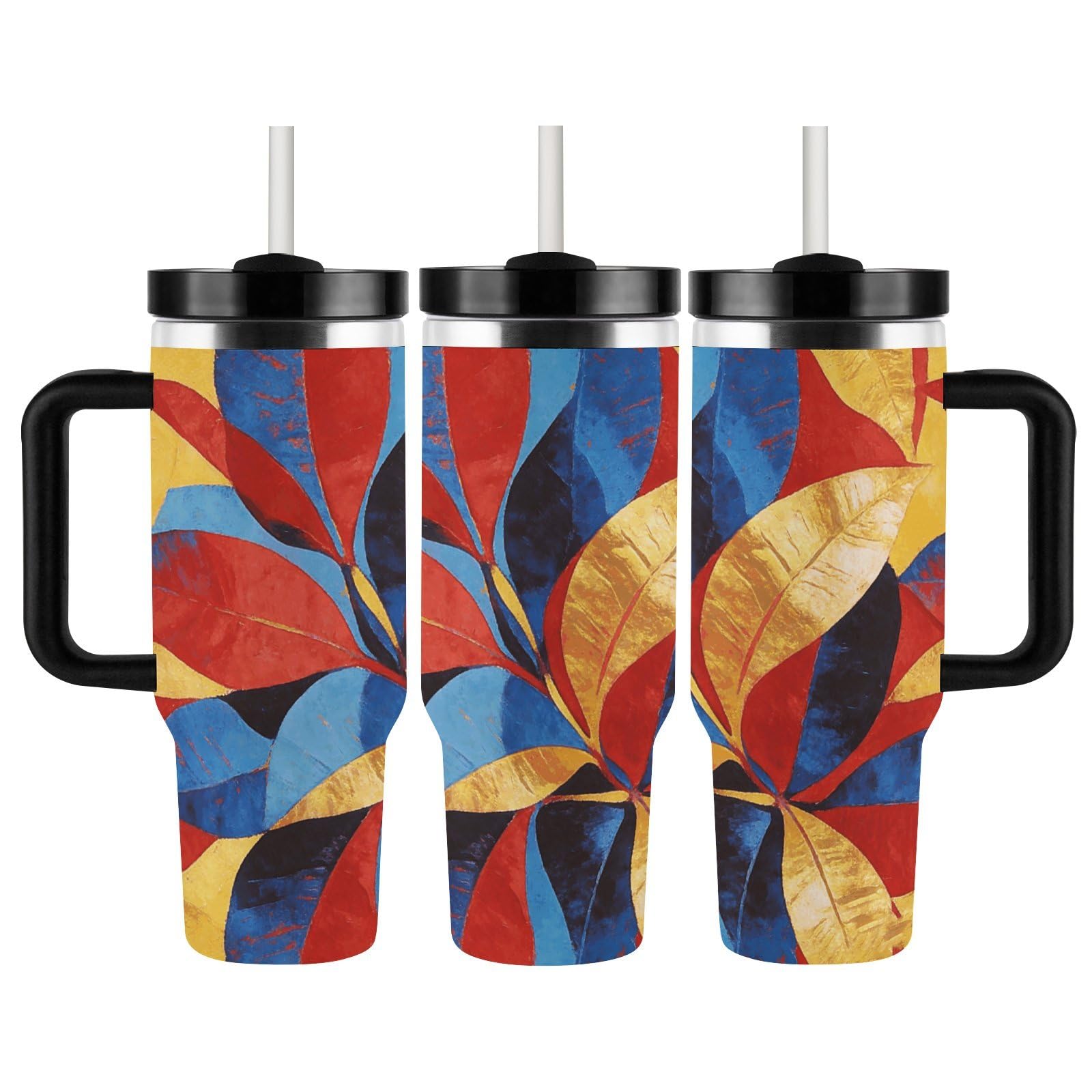 Tazza da caffè da viaggio con foglie astratte in acciaio inossidabile, tazza da caffè con coperchio e cannuccia, tazza con manico, grande capacità, doppia parete, sottovuoto, a prova di