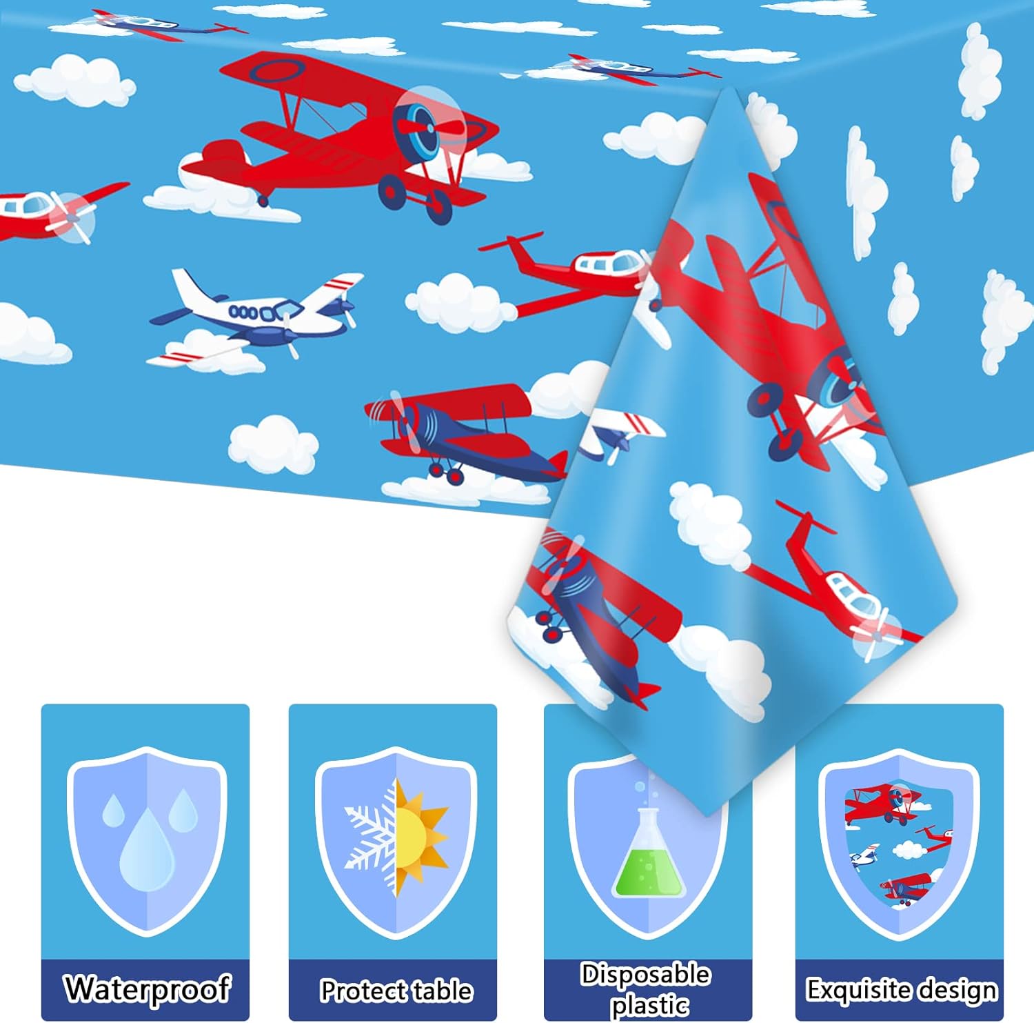 Wiooffen 3pcs Airplane Party Tablecloth Supplies Plane Plastic Table Cloth Helicopter Blue Sky Theme Table Cover Favors Disposable Tablecloths Birthday Decorations for Kids, 54” x 108” - Image 3