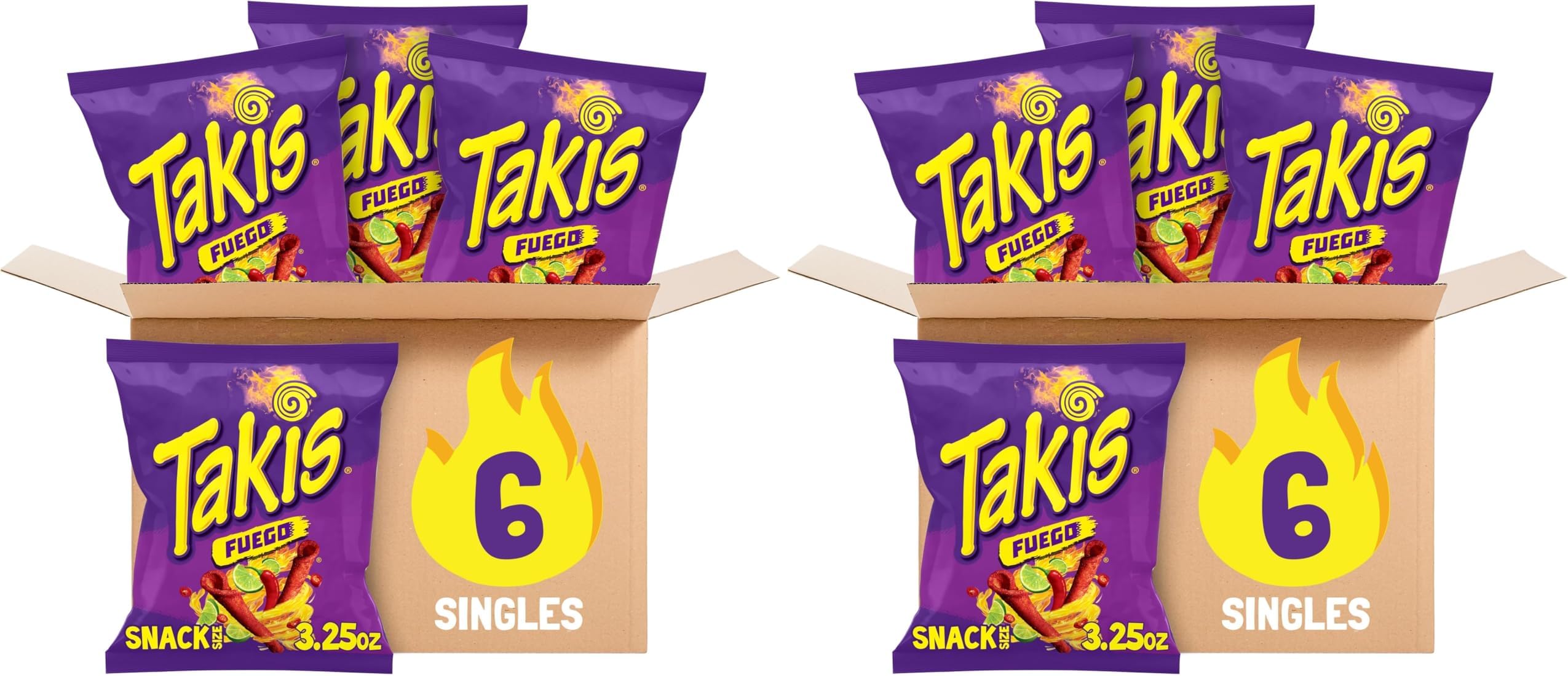 Takis Fuego 6 pc / 3.25 oz Snack Size Case, Hot Chili Pepper & Lime Flavored Extreme Spicy Rolled Tortilla Chips (Pack of 2)