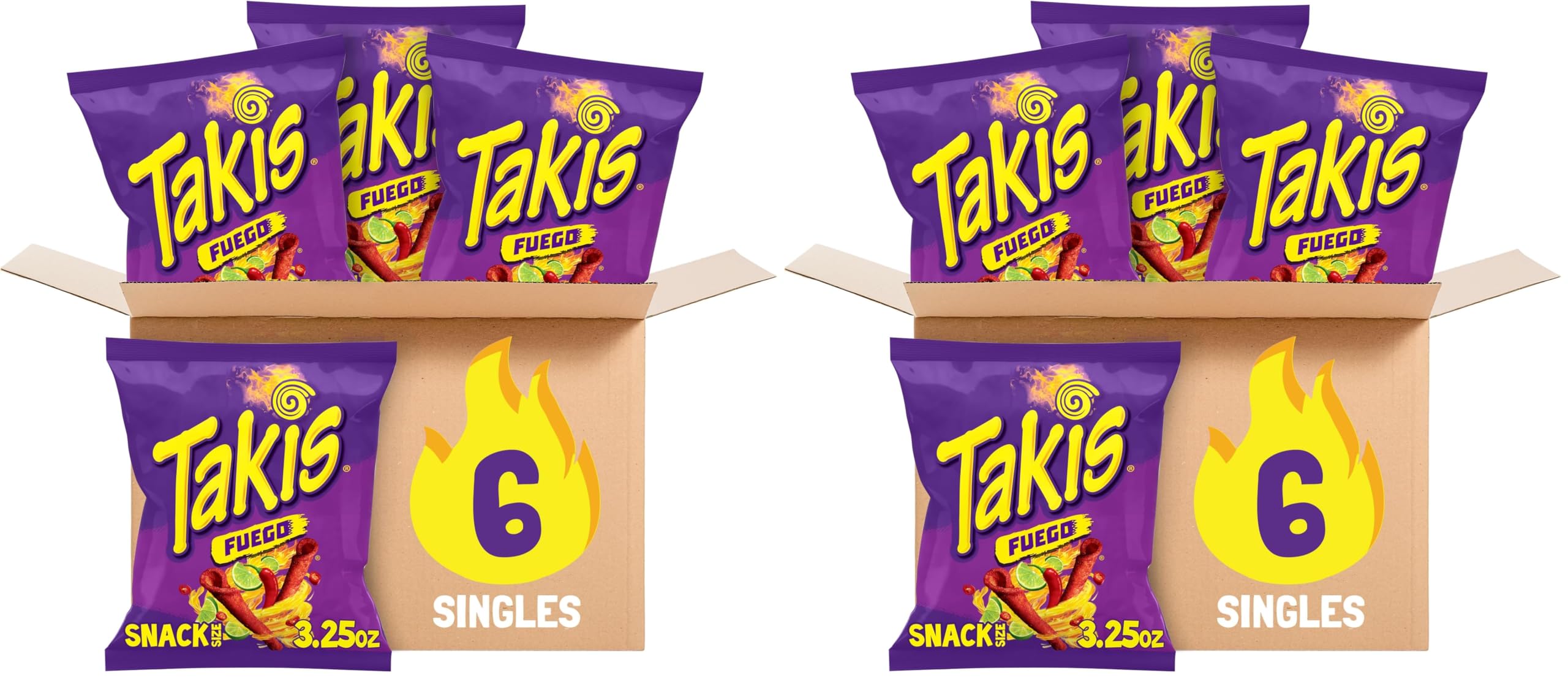 Takis Fuego 6 pc / 3.25 oz Snack Size Case, Hot Chili Pepper & Lime Flavored Extreme Spicy Rolled Tortilla Chips (Pack of 2)