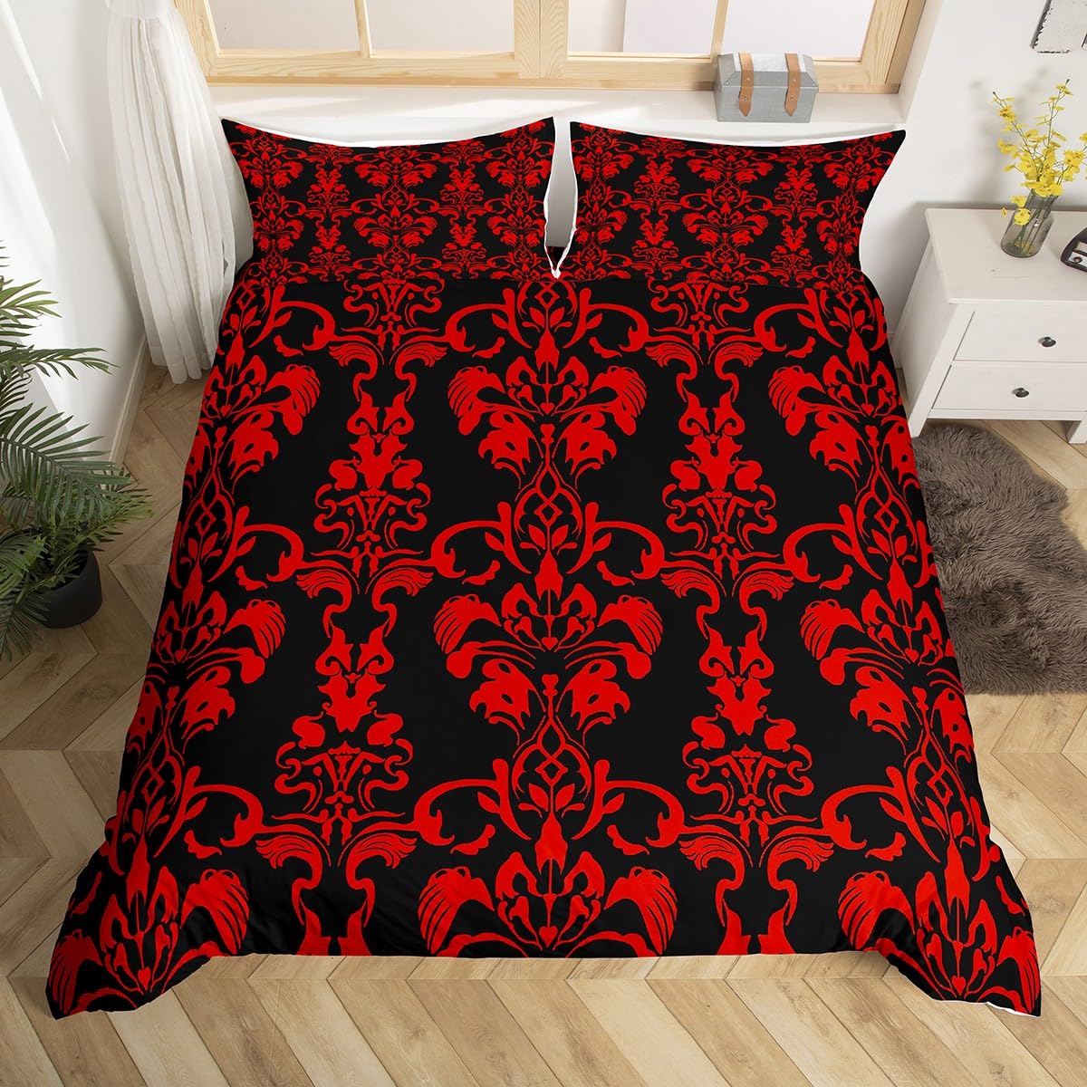 richhome Kids Damask Floral Bedding Set Junior/Cot Bed Exotic Floral Duvet Cover For Boys Girls Teens Bedroom Decor Vintage Jacquard Comforter Cover Deep Red Black Soft Microfiber 2Pcs โ image 1