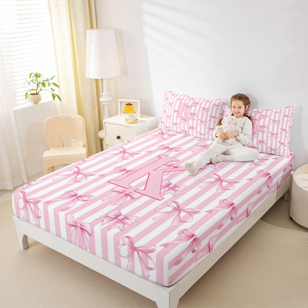 Homewish Paski różowe kawaii inicjał litera K alfabet kokarda zestaw pościeli podwójna marzycielska księżniczka prześcieradła kokardka pościel - ciepła miękka pościel zestaw pościeli 4 sztuki
