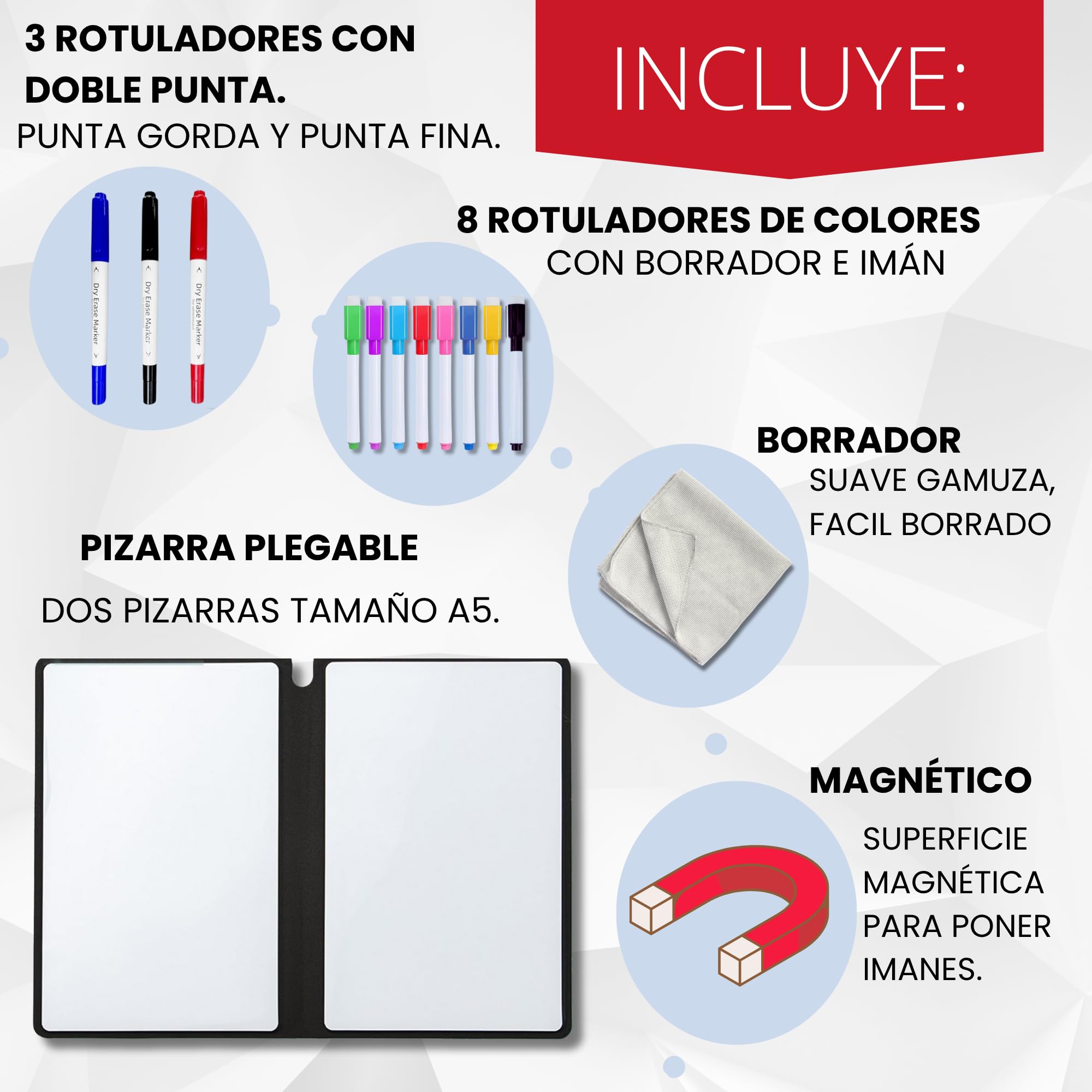 MandA® PIZARRA BLANCA pequeña | CUADERNO Pizarra PLEGABLE, BORRABLE y PORTÁTIL | Pizarra MAGNÉTICA | 2 x A5 + 11 Rotuladores + Gamuza - Cuaderno de pizarra | INFANTIL | OFICINA | ESTUDIAR | Azul