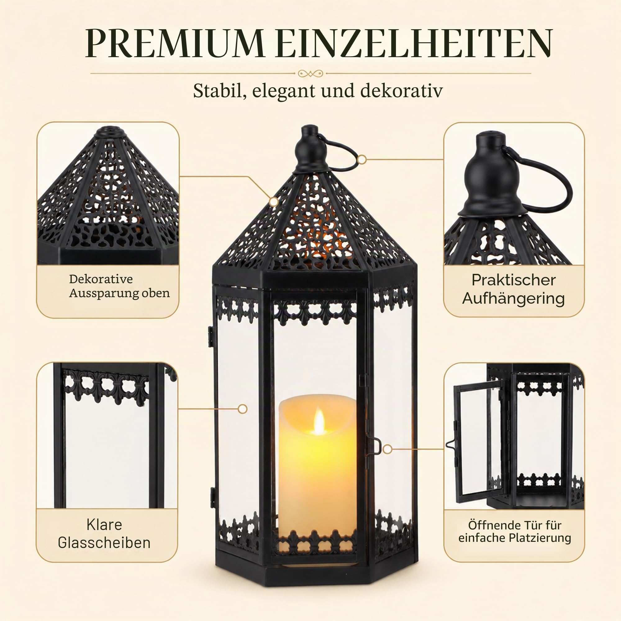 TRIROCKS 2er Set Dekorative Laternen 40/30 cm hohe Metall-Kerzenhalter Windlicht zum Aufhängen mit gehärtetem Glas für Innen Außenbereich Heimdekoration Garten Terrasse Partys Hochzeiten (Schwarz)