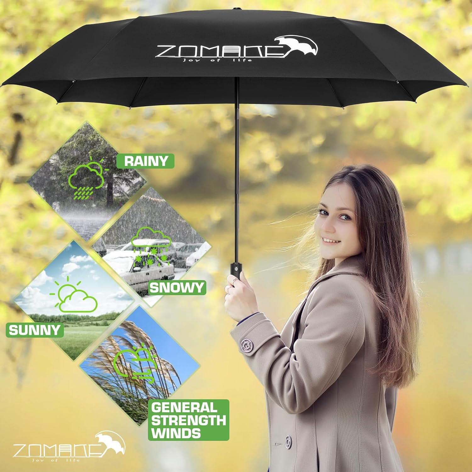 ZOMAKE Compact Large Umbrella 54 Inch, Foldable Automatic Large Travel Golf Umbrellas for Rain Windproof Collapsible For Men Women(Black)