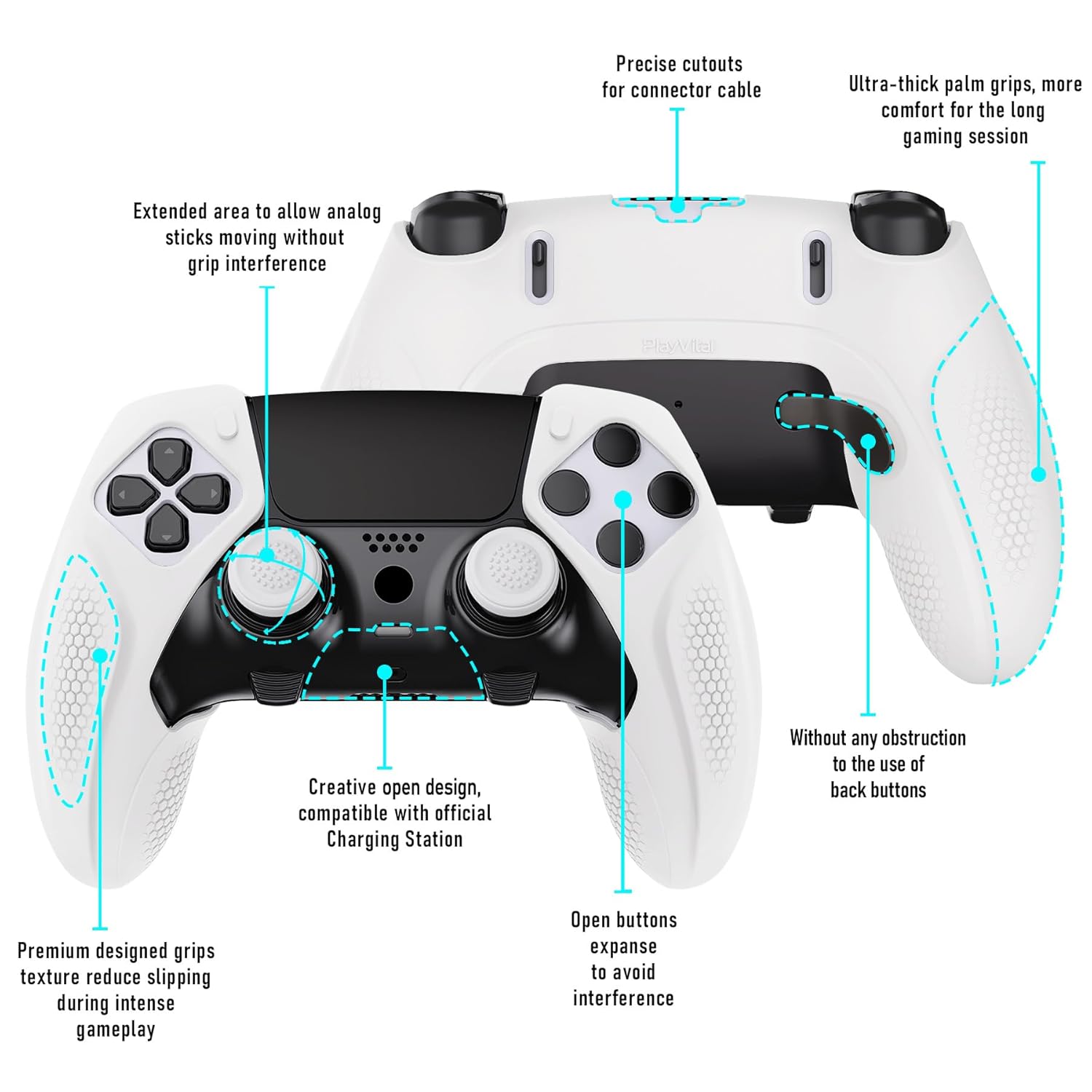 PlayVital Ninja Edition Anti-Slip Half-Covered Silicone Cover Skin for ps5 Edge Controller, Ergonomic Protector Soft Rubber Case for ps5 Edge Wireless Controller with Thumb Grip Caps - White - Image 9