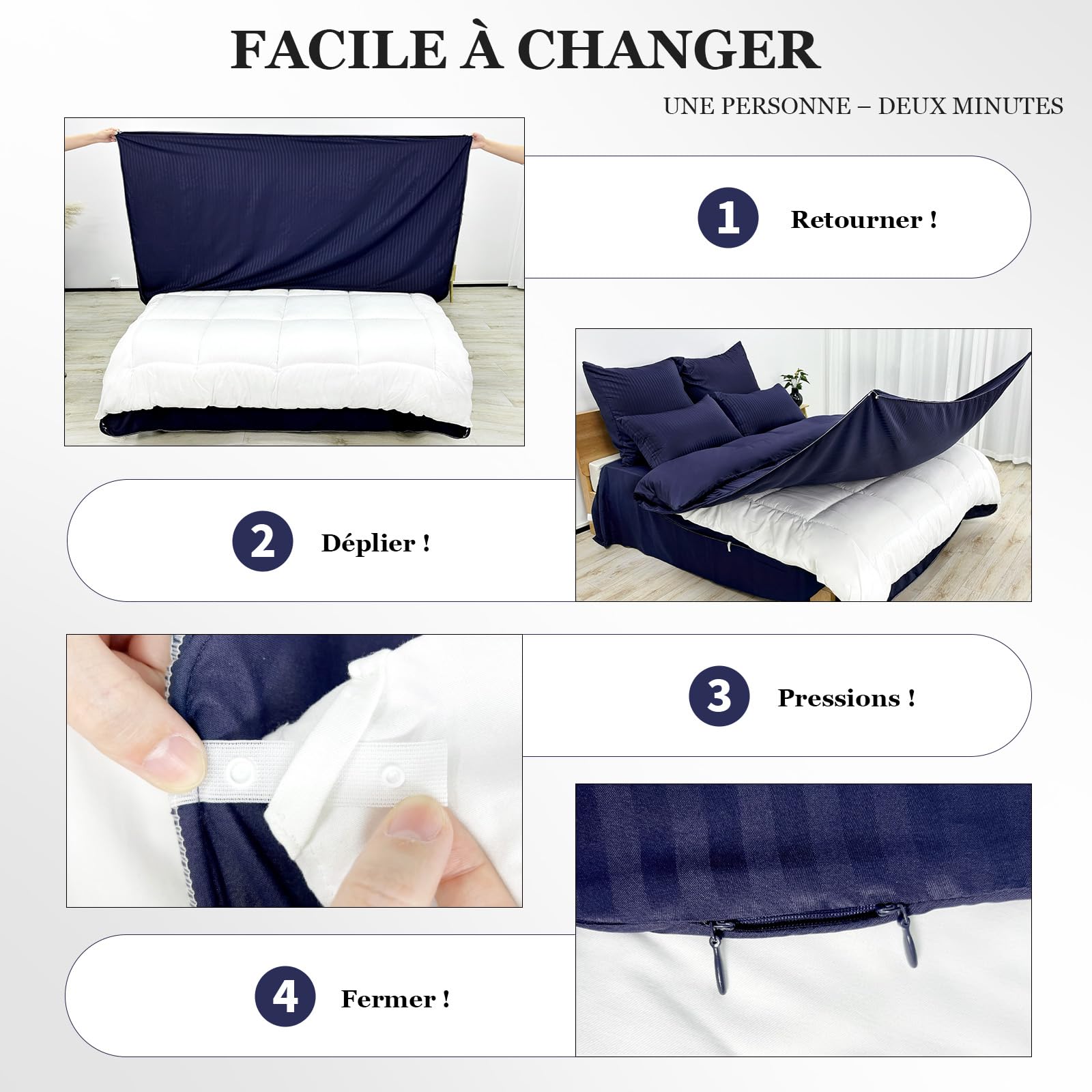 Ouverture 3 Côtés Changement Rapide (1 Personne, 2 Min) Housse de Couette 220x240cm Bleu Marine | Microfibre Ultra-Fin + 2 Taies d’Oreiller 80x80cm