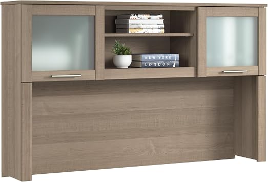 Bush Home 60-Inch Desk Hutch, Office Storage Organizer with Shelves, Cubbies and Frosted Glass Doors for Computer Desk, Home Office Furniture, Somerset Collection, Ash Gray