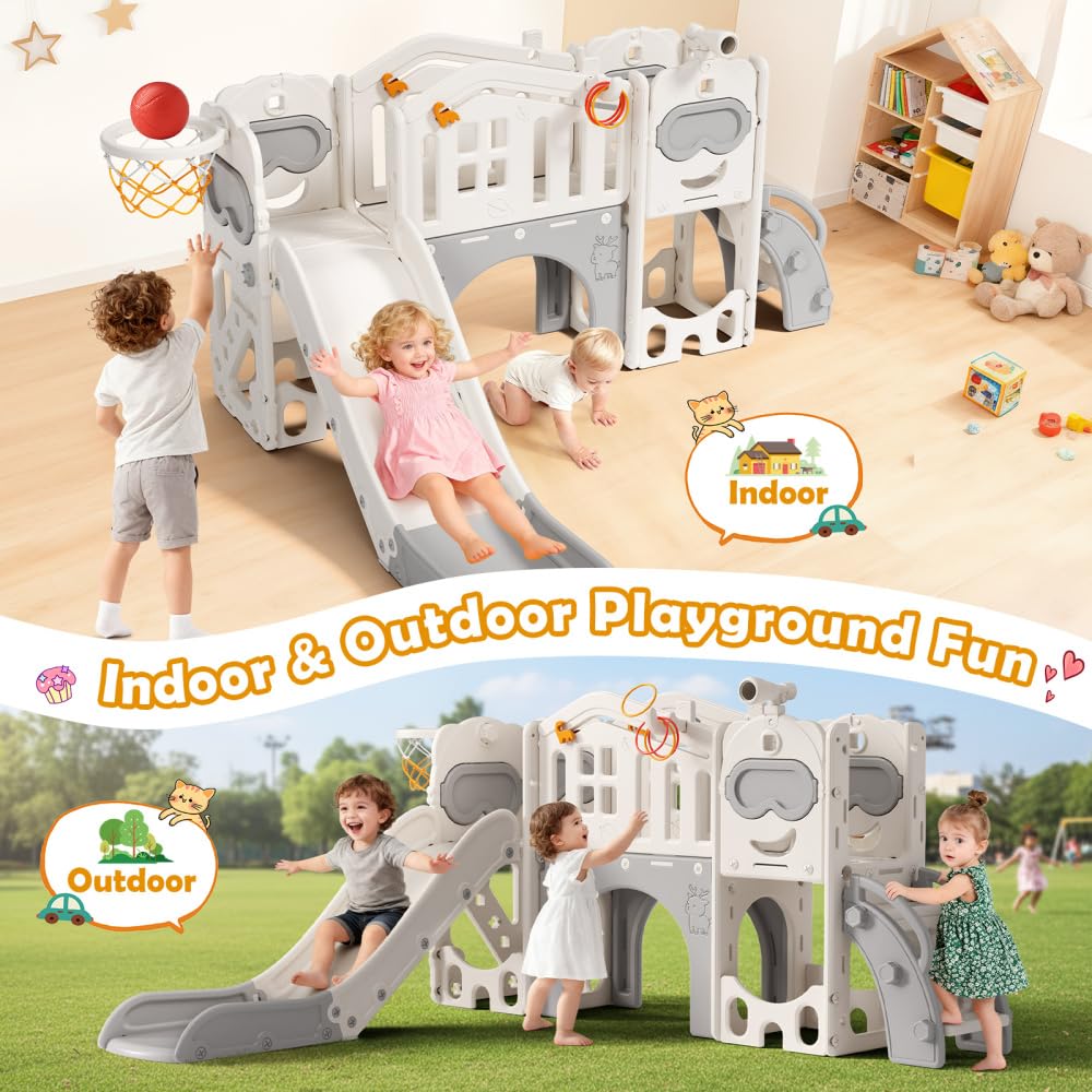 11 in 1 Scivolo per Bambini con Canestro da Basket,Palla e Telescopio Giocattolo, Set Giochi per Interni ed Esterni, per Bimbi Piccoli e in Età Prescolare