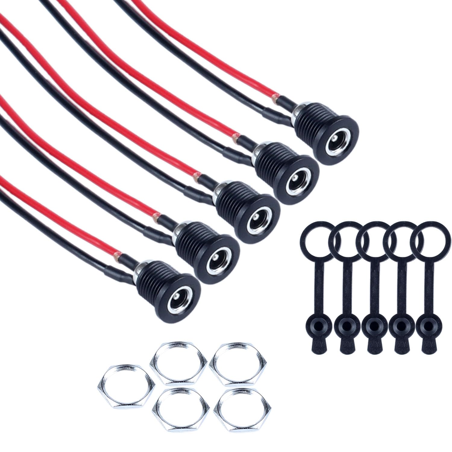 JIQI 5Pcs 5.5 x 2.1 MM DC Power Jack Black Nylon Female Mount Socket Connector Adapters Pre-Soldered with 5.9-inch 18AWG Wires for Digital Products